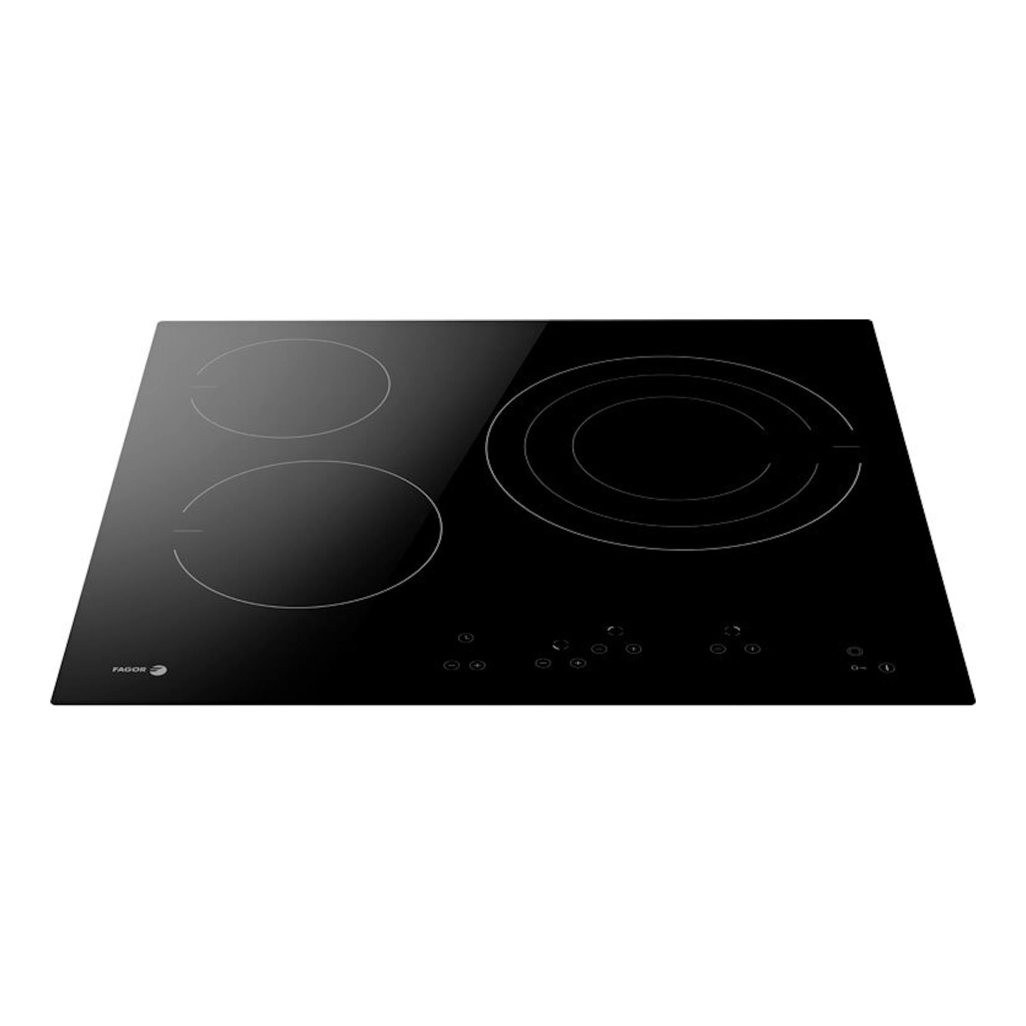 Vitrocerámica Fagor 3VFT330AC negra, vista frontal inclinada, con cuatro zonas y controles táctiles.