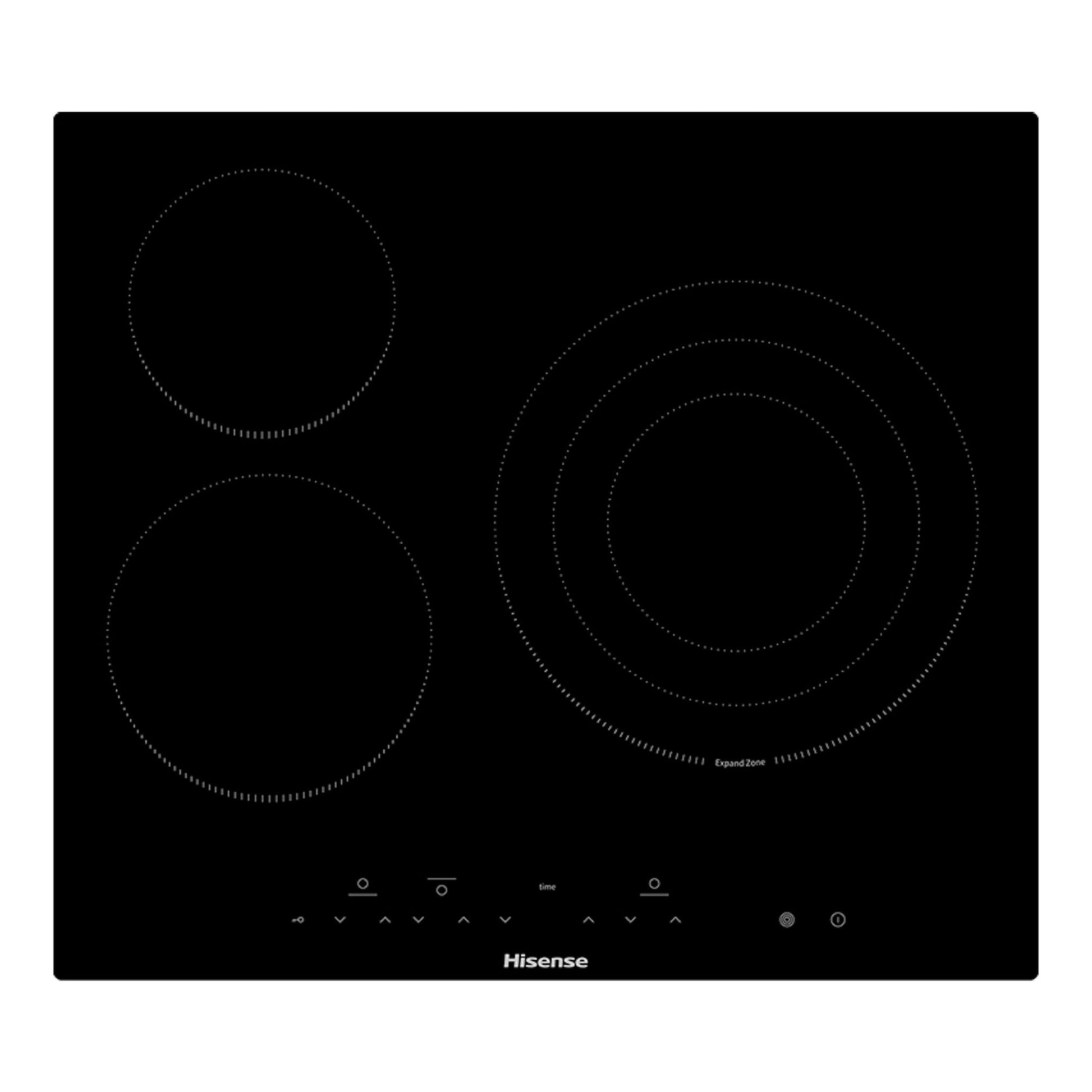 Placa vitrocerámica Hisense negra, vista frontal, con 3 zonas de cocción y control táctil.