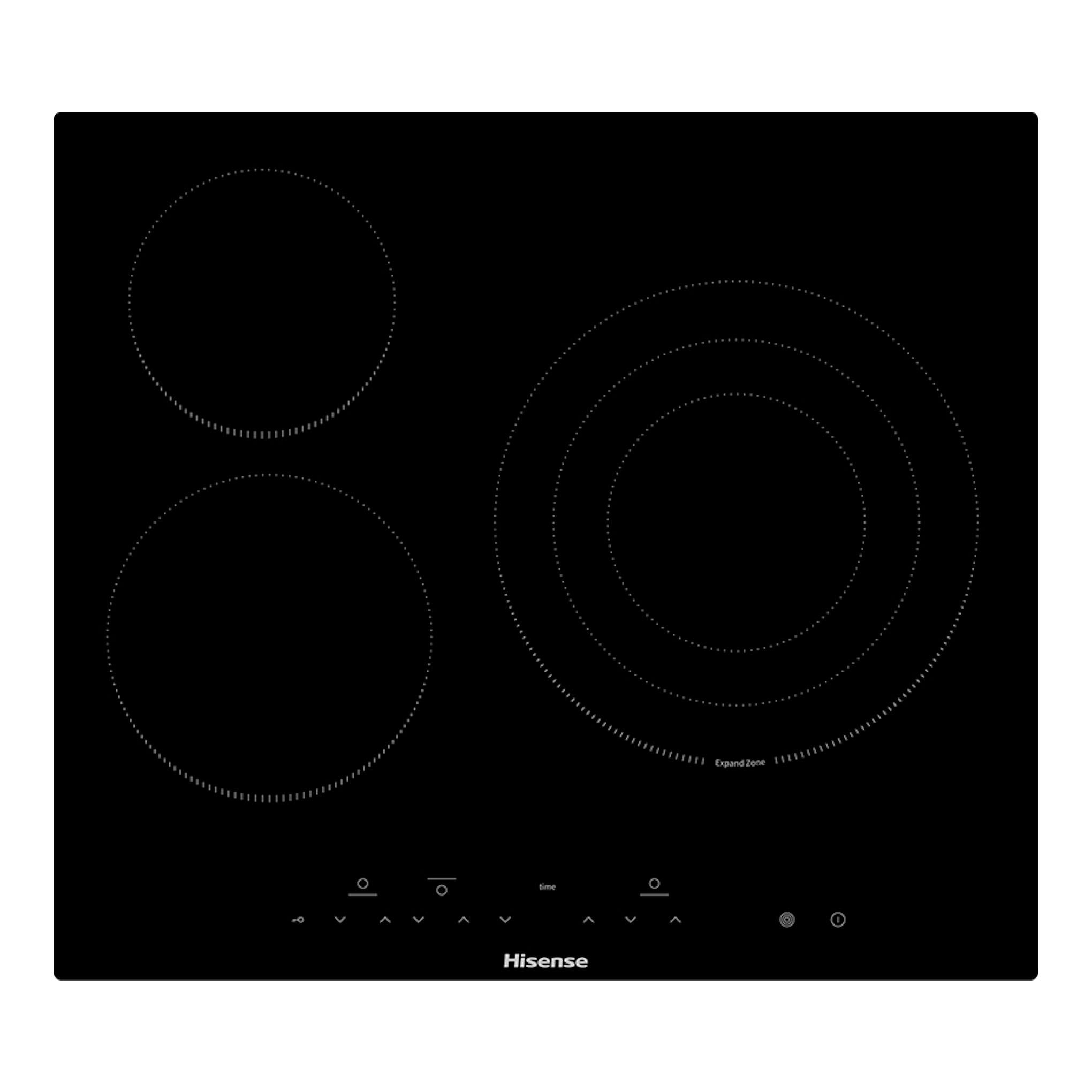 Placa vitrocerámica Hisense negra, vista frontal, con 3 zonas de cocción y control táctil.