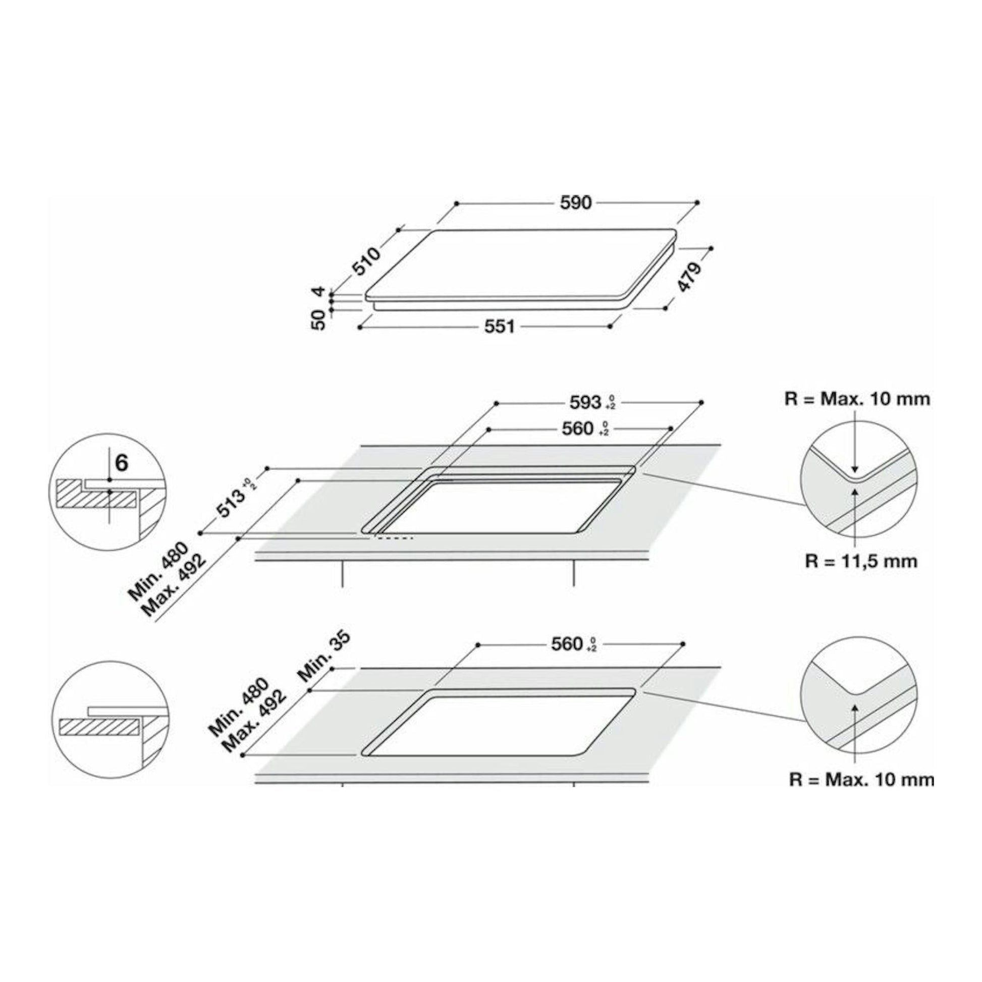 Whirlpool WLB4560 NE/W: esquema técnico de encastre de placa de inducción, vista superior con medidas.