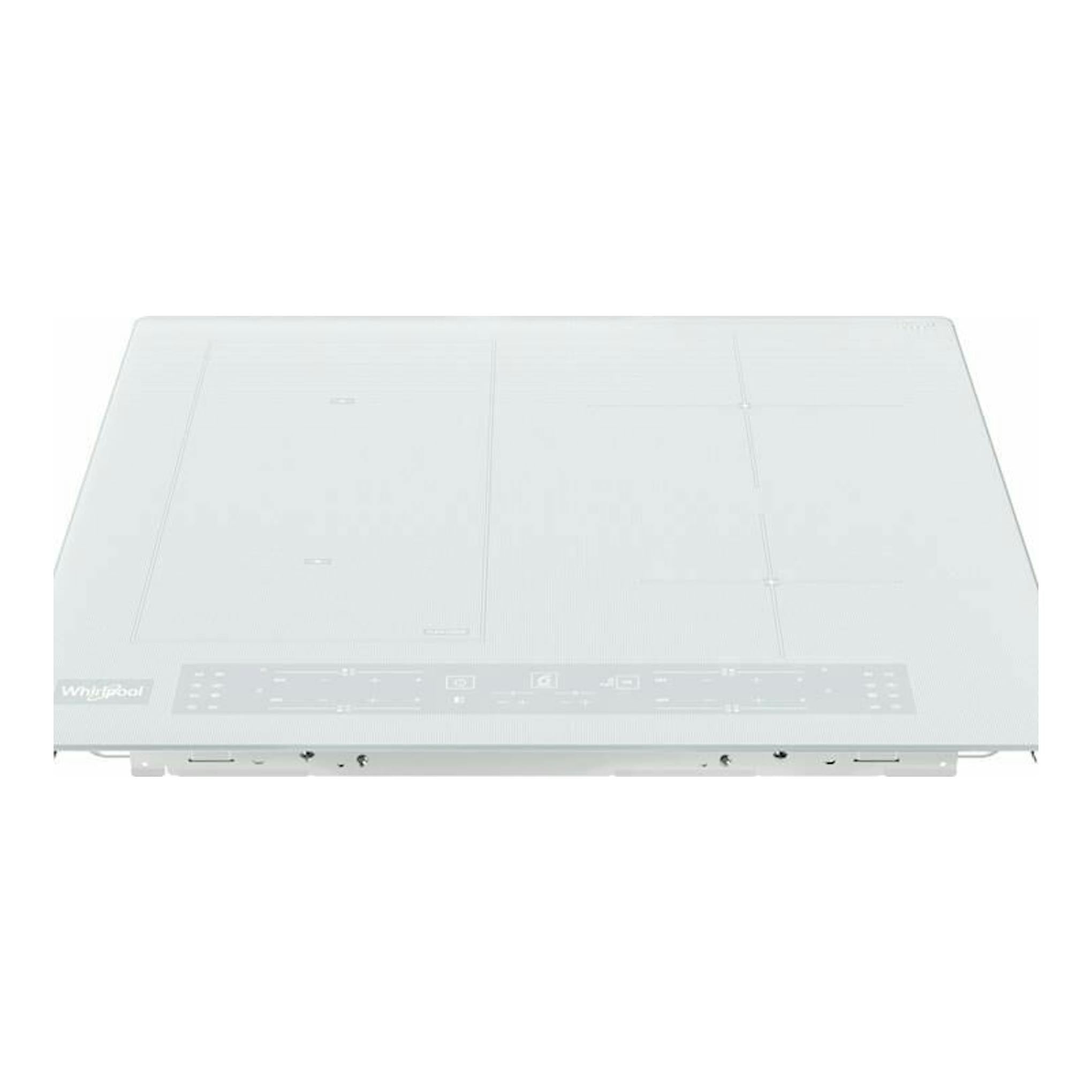 Placa de inducción Whirlpool WLB4560 NE/W, vista superior inclinada, color blanco, con panel táctil frontal.