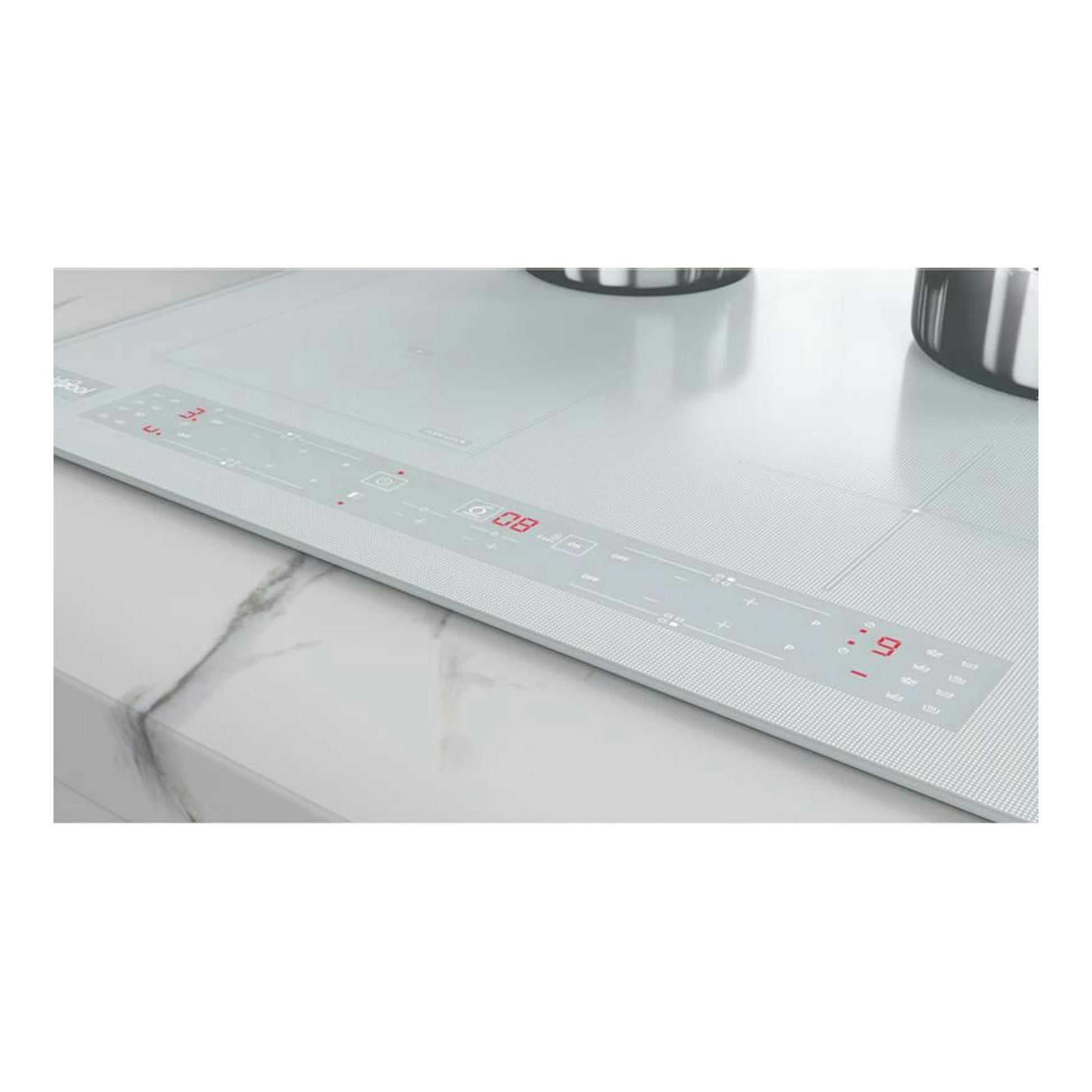 Placa de inducción Whirlpool WLB4560 NE/W, vista en ángulo, superficie blanca con panel táctil iluminado.