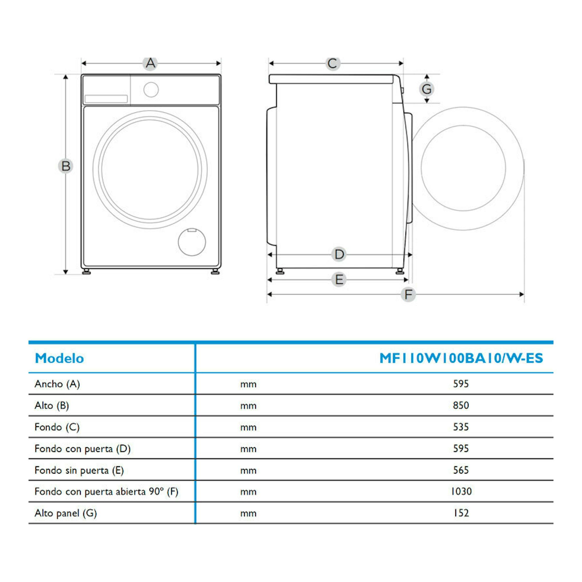 Diagrama técnico de lavadora Midea MF110W100BA10/W-ES, vista frontal y lateral en blanco, con medidas.