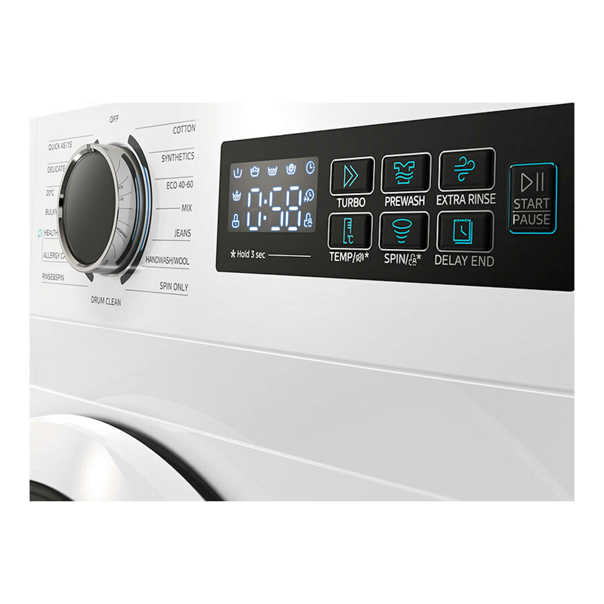 Lavadora Midea MF110W100BA10/W-ES blanca, vista frontal del panel de control con pantalla y botones.