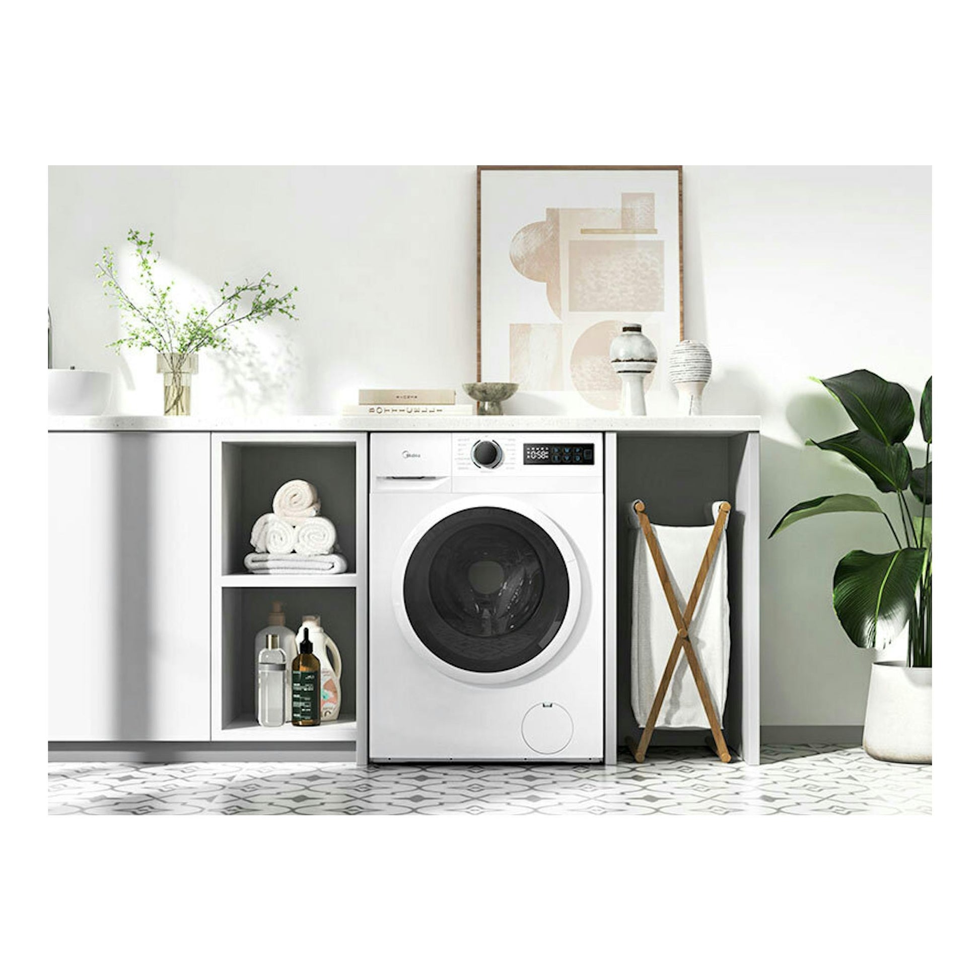 Lavadora frontal blanca Midea MF110W100BA10/W-ES, vista frontal, con puerta negra.