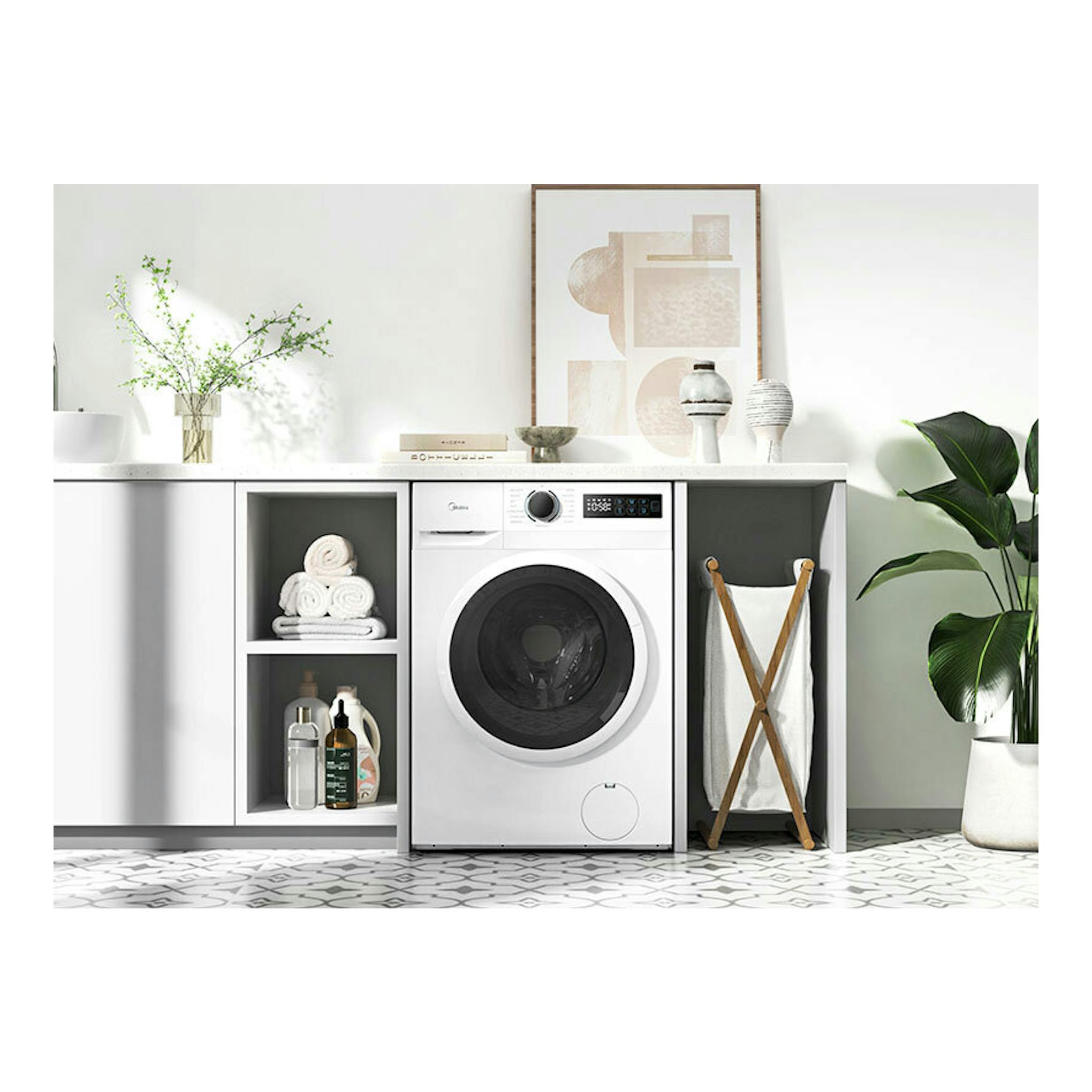 Lavadora frontal blanca Midea MF110W100BA10/W-ES, vista frontal, con puerta negra.