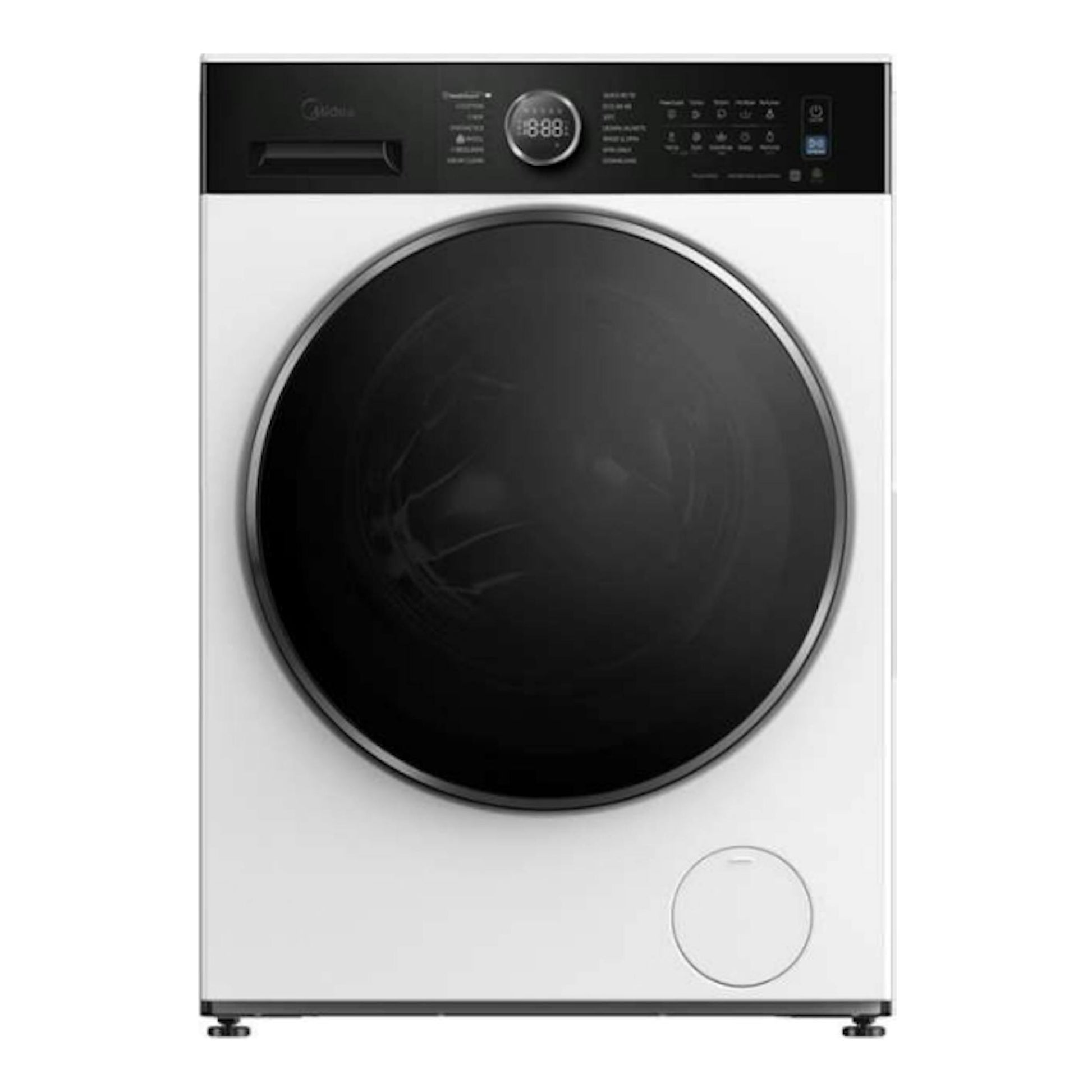 Lavadora Midea MF205W80BA30/W-ES blanca, vista frontal, con puerta circular negra y panel superior negro.