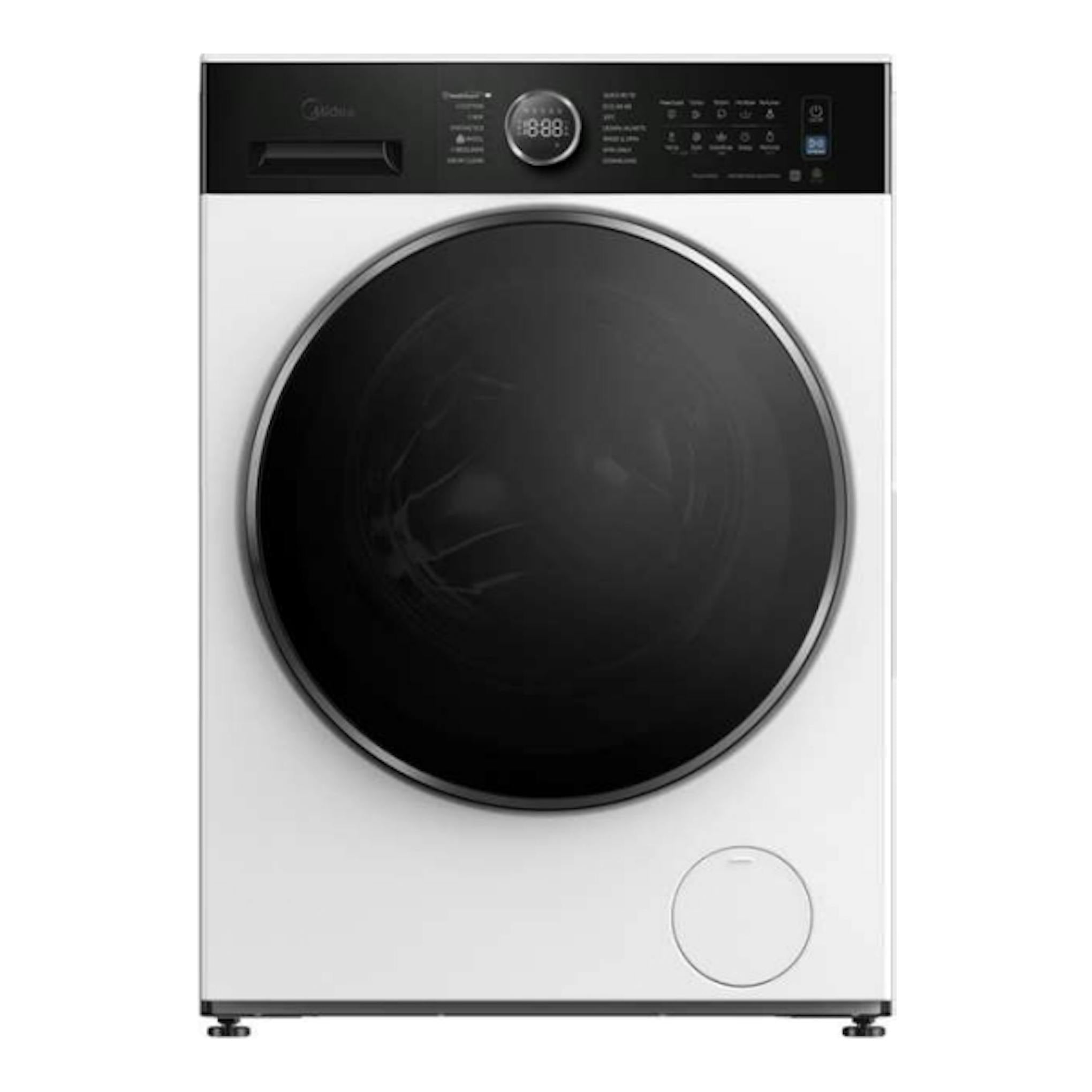 Secadora Midea MD205H80BW/W-ES blanca, vista frontal, puerta circular negra y panel superior negro.
