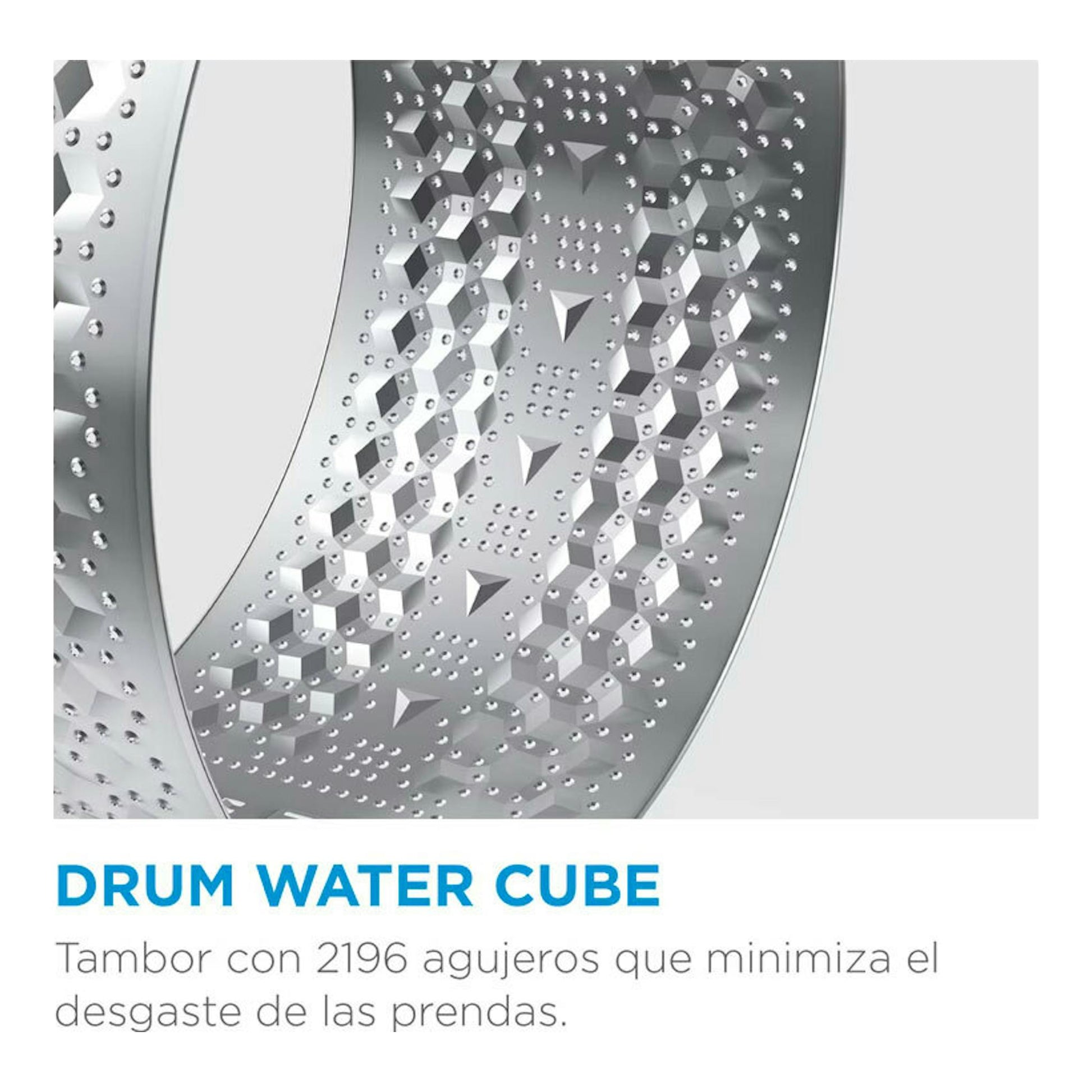 Detalle del tambor de lavadora Midea MF100W60/1/W-ES, interior gris perforado con patrón Water Cube.