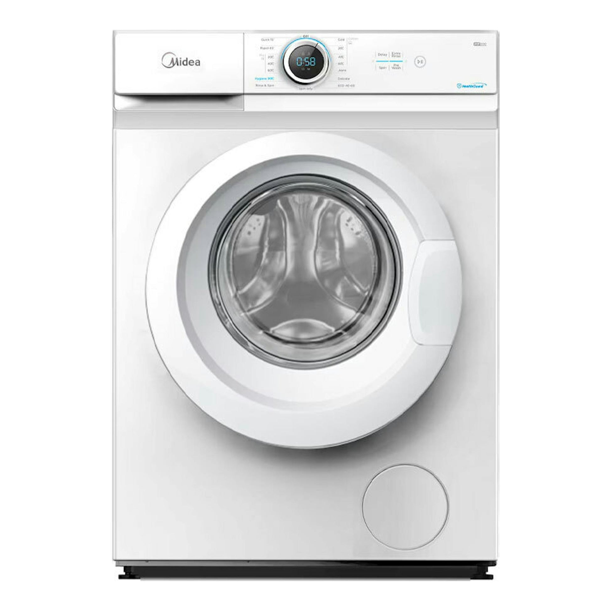 Lavadora frontal blanca Midea MF100W70/1/W-ES 7Kg, vista frontal, con puerta circular y panel superior.
