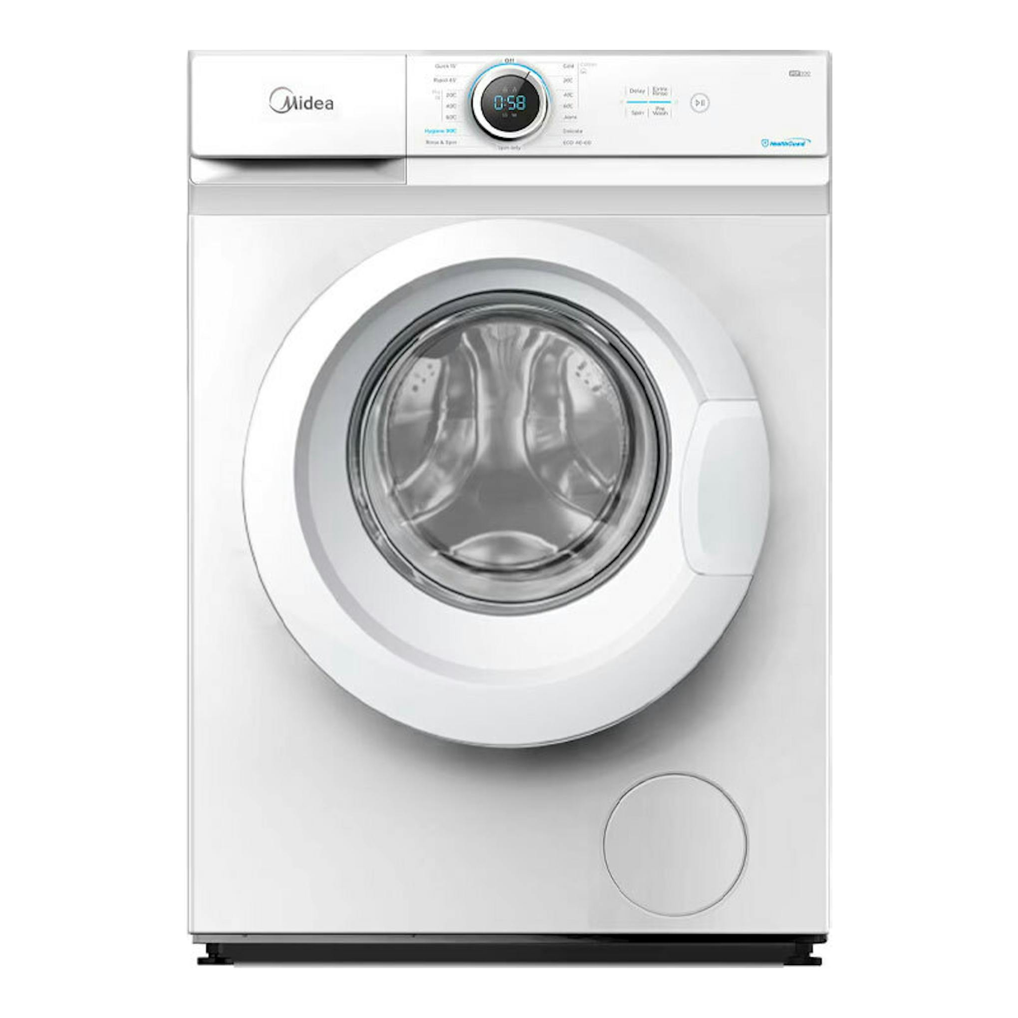 Lavadora frontal blanca Midea MF100W70/1/W-ES 7Kg, vista frontal, con puerta circular y panel superior.