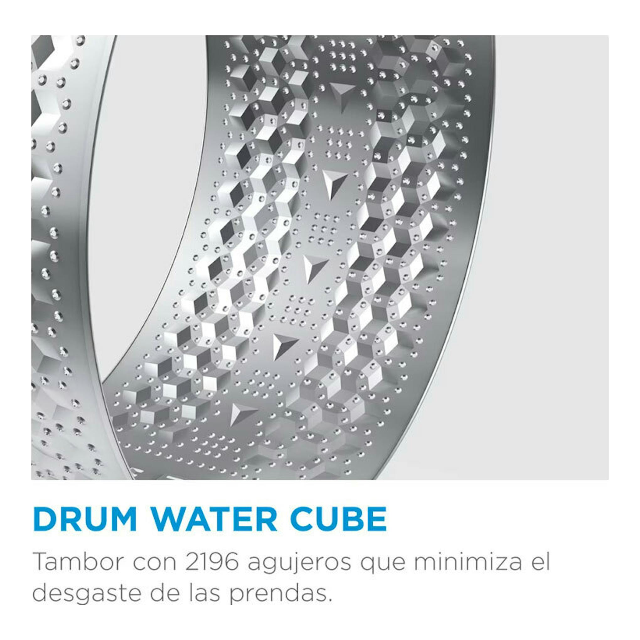 Detalle del tambor Water Cube de una lavadora Midea MF100W70/1/W-ES, con superficie metálica perforada.