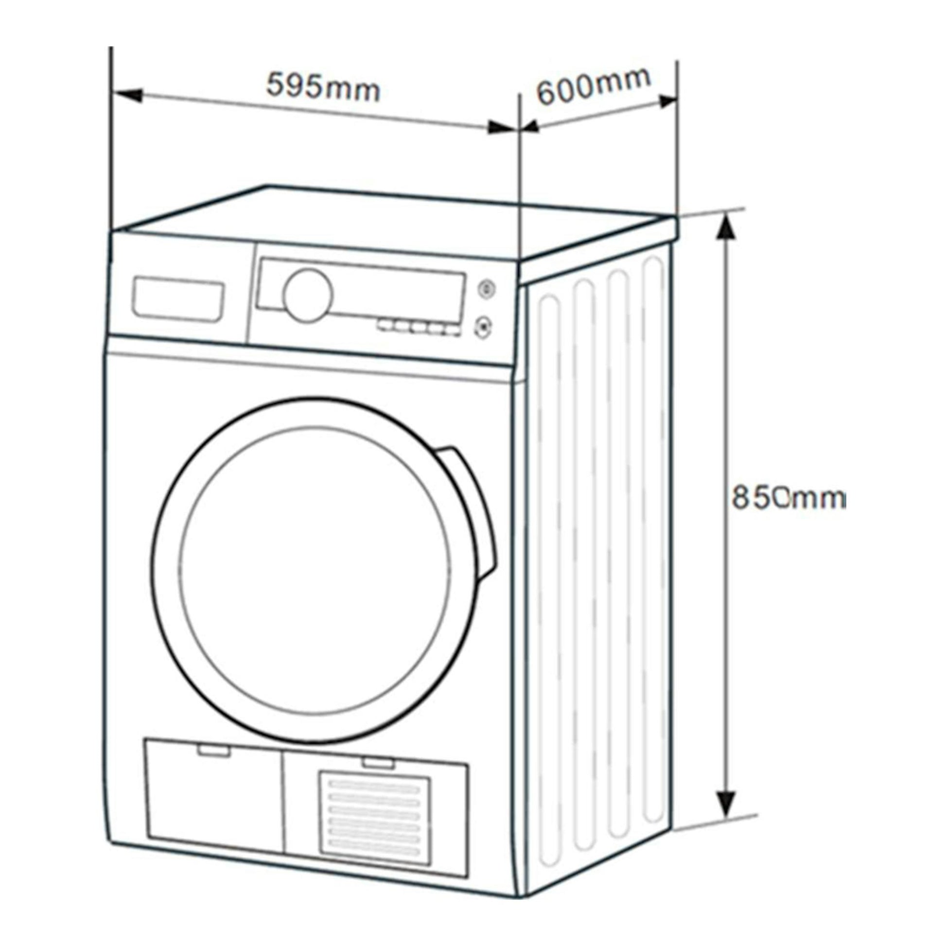 Secadora Midea MD110H80/W-ES, vista frontal y lateral en esquema, blanca, con medidas 595 x 600 x 850 mm.