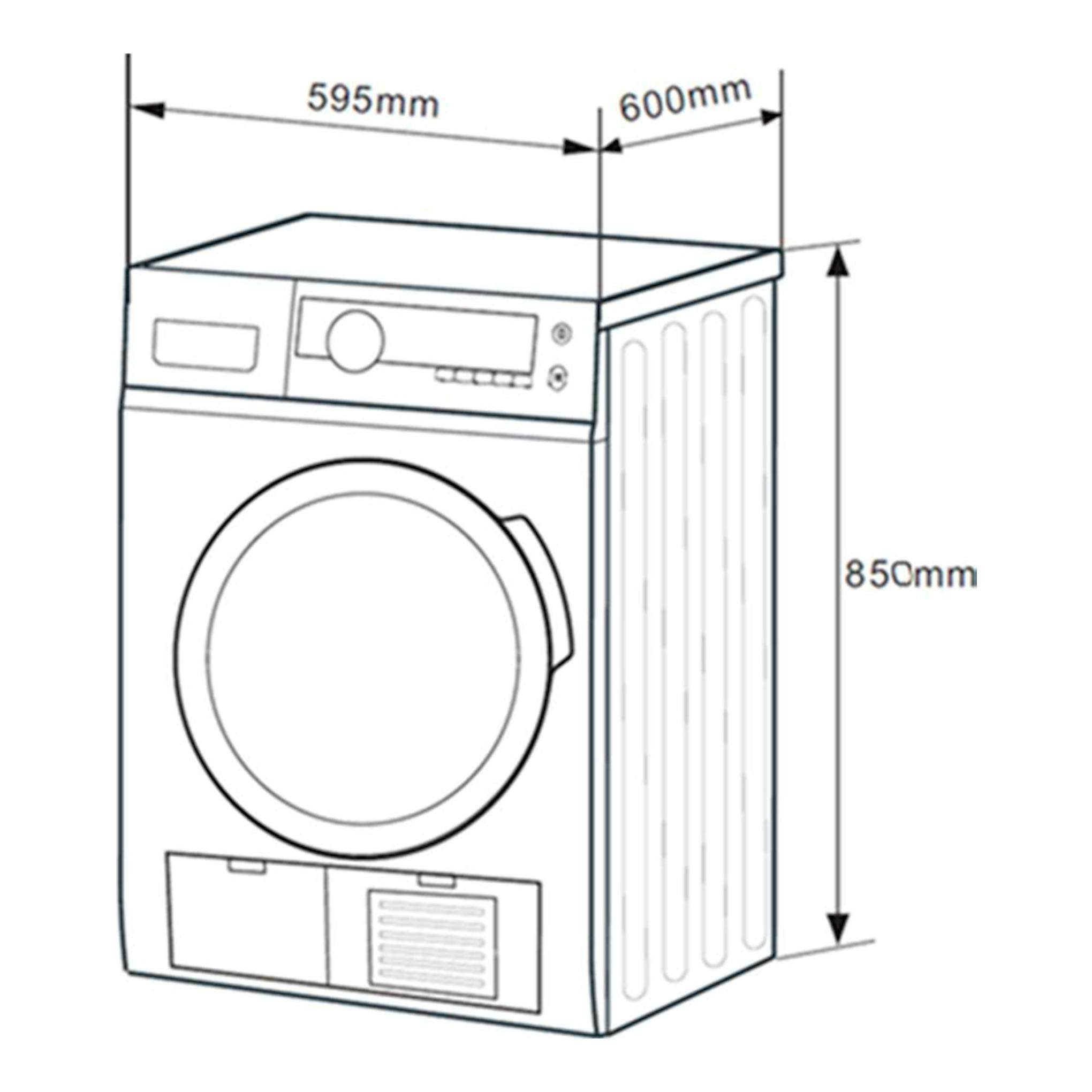 Secadora Midea MD110H80/W-ES, vista frontal y lateral en esquema, blanca, con medidas 595 x 600 x 850 mm.
