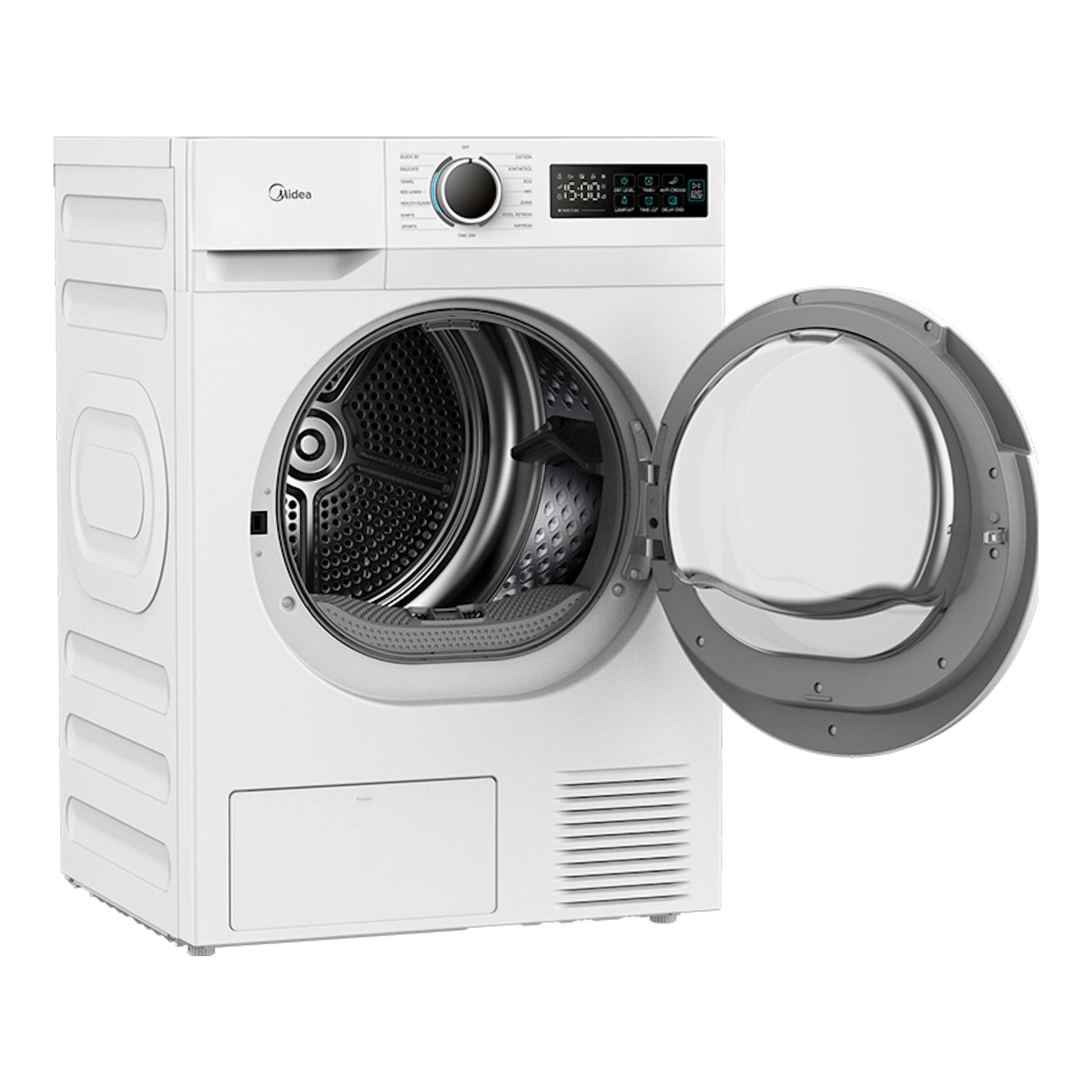 Secadora Midea MD110H80/W-ES blanca, vista frontal, con puerta circular abierta a la derecha y panel digital.