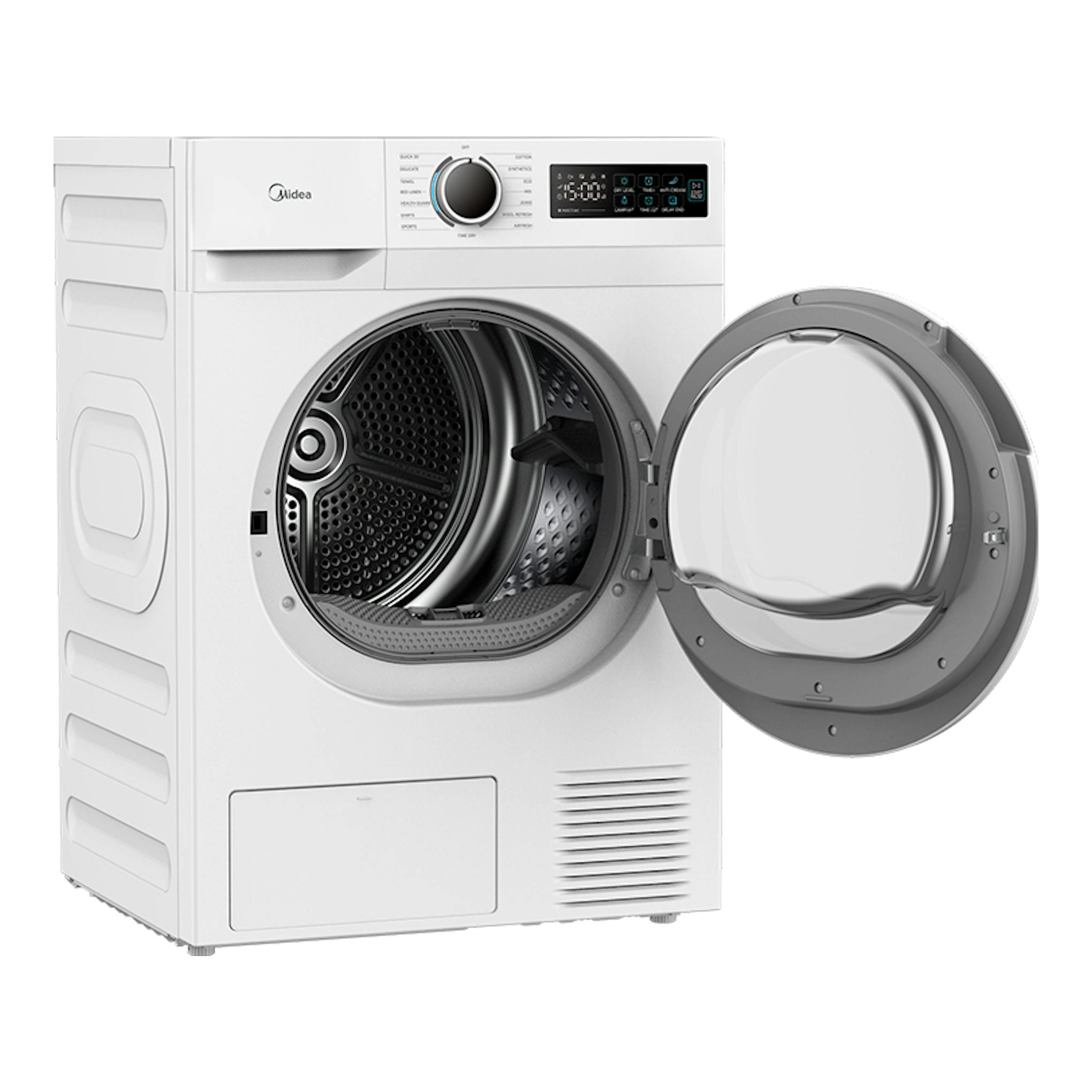 Secadora Midea MD110H80/W-ES blanca, vista frontal, con puerta circular abierta a la derecha y panel digital.