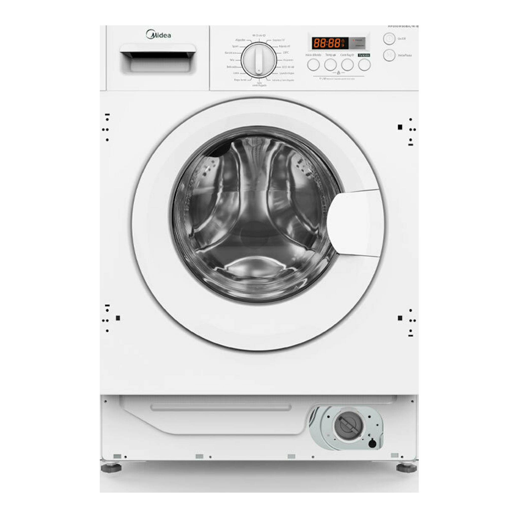 Lavadora Midea MFG10W80A/W-ES blanca, vista frontal, con carga frontal y panel digital.