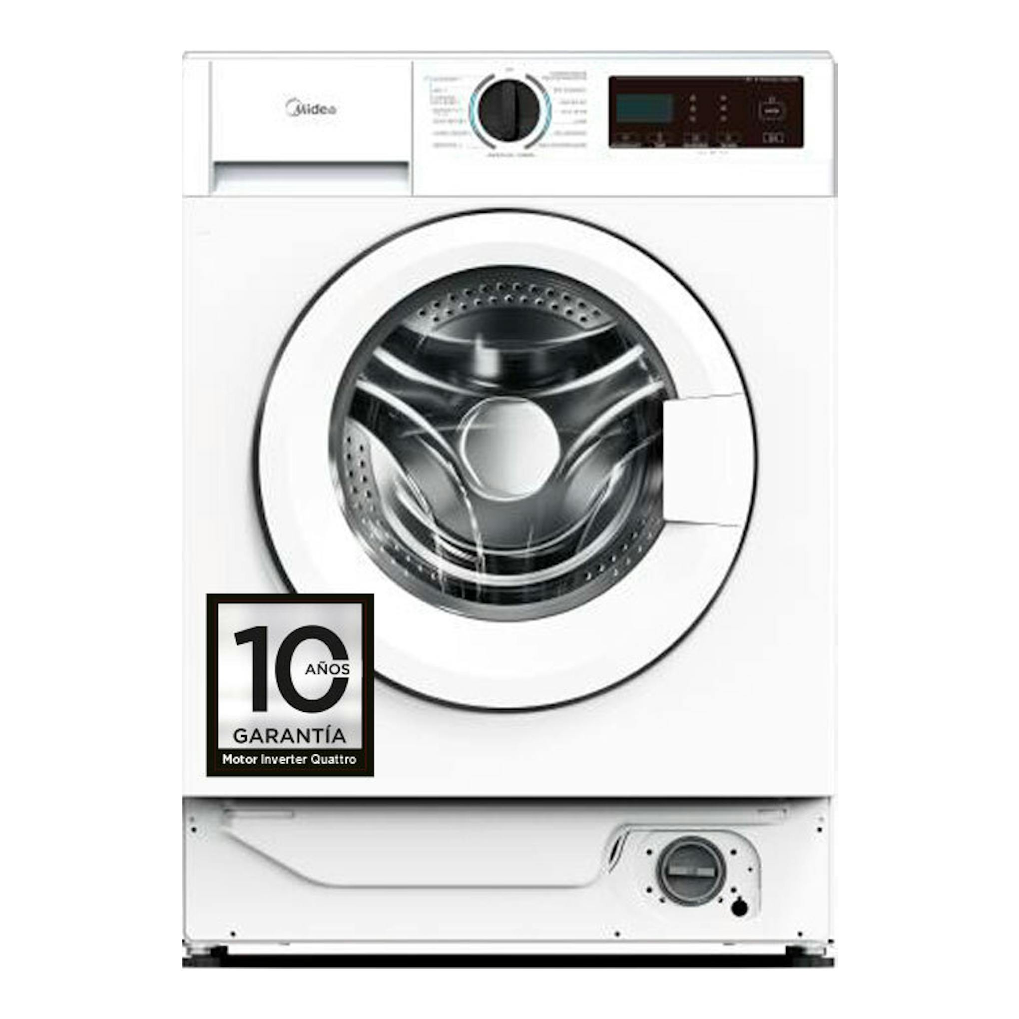 Lavasecadora integrable Midea MFA06D80BA10/W-ES blanca, vista frontal, con puerta circular y panel superior.