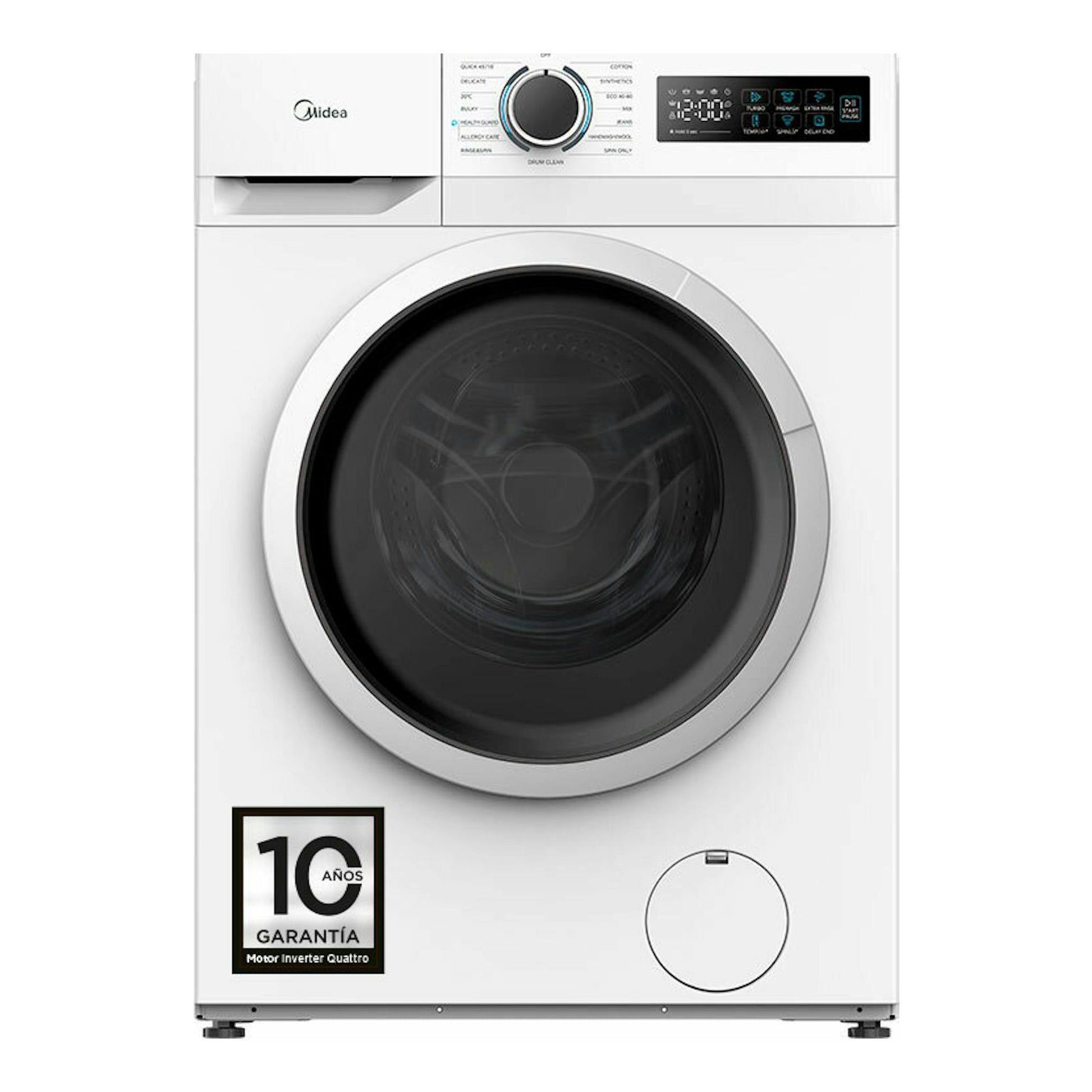 Lavadora Midea MF110W80BA10/W-ES blanca, vista frontal, con puerta negra y panel digital superior.