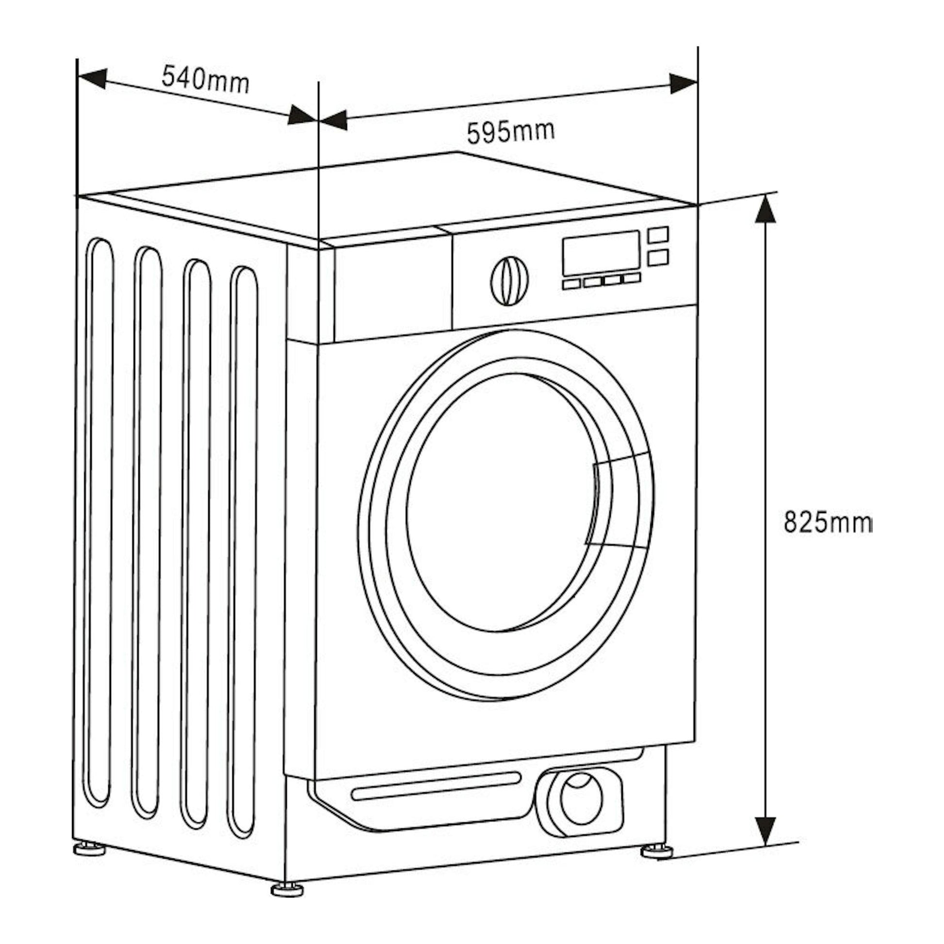 Lavadora Midea MFG10W80A/W-ES de carga frontal, dibujo técnico con medidas 595 x 540 x 825 mm.