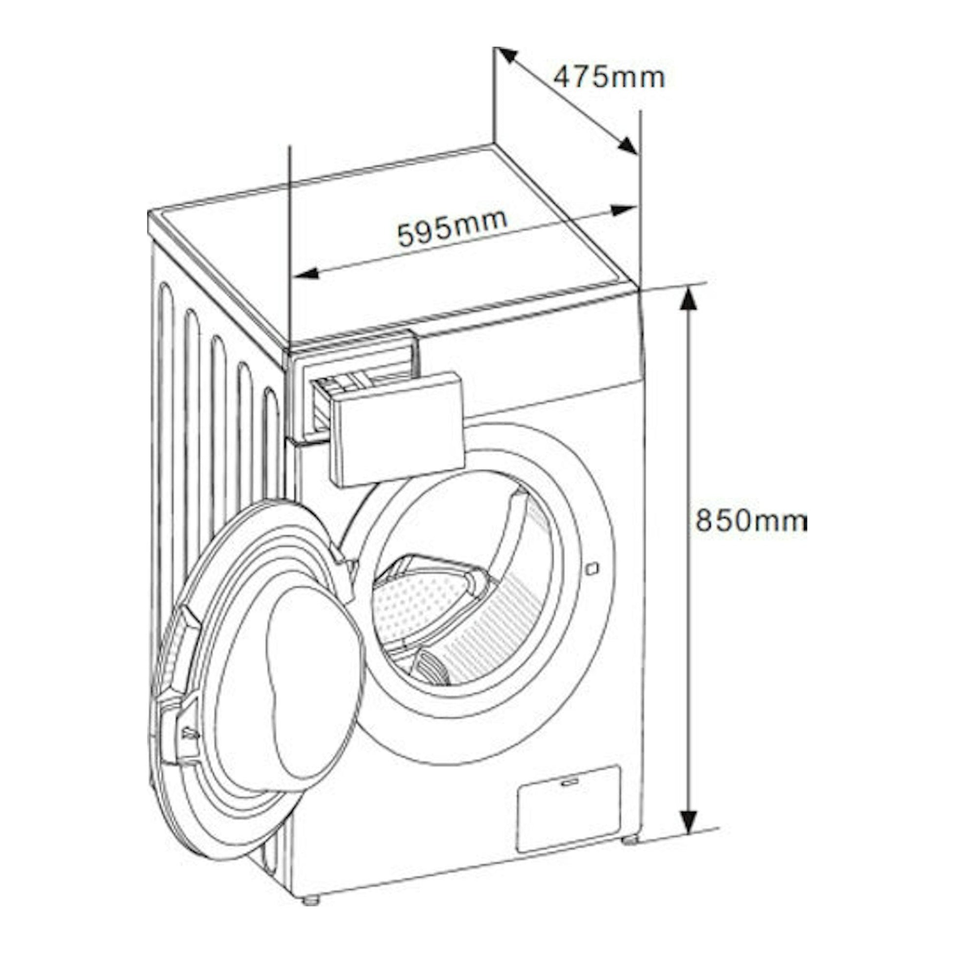 Lavadora Midea MF100W80B/1/W-ES de carga frontal, puerta abierta, ilustración técnica con medidas 595x475x850 mm.