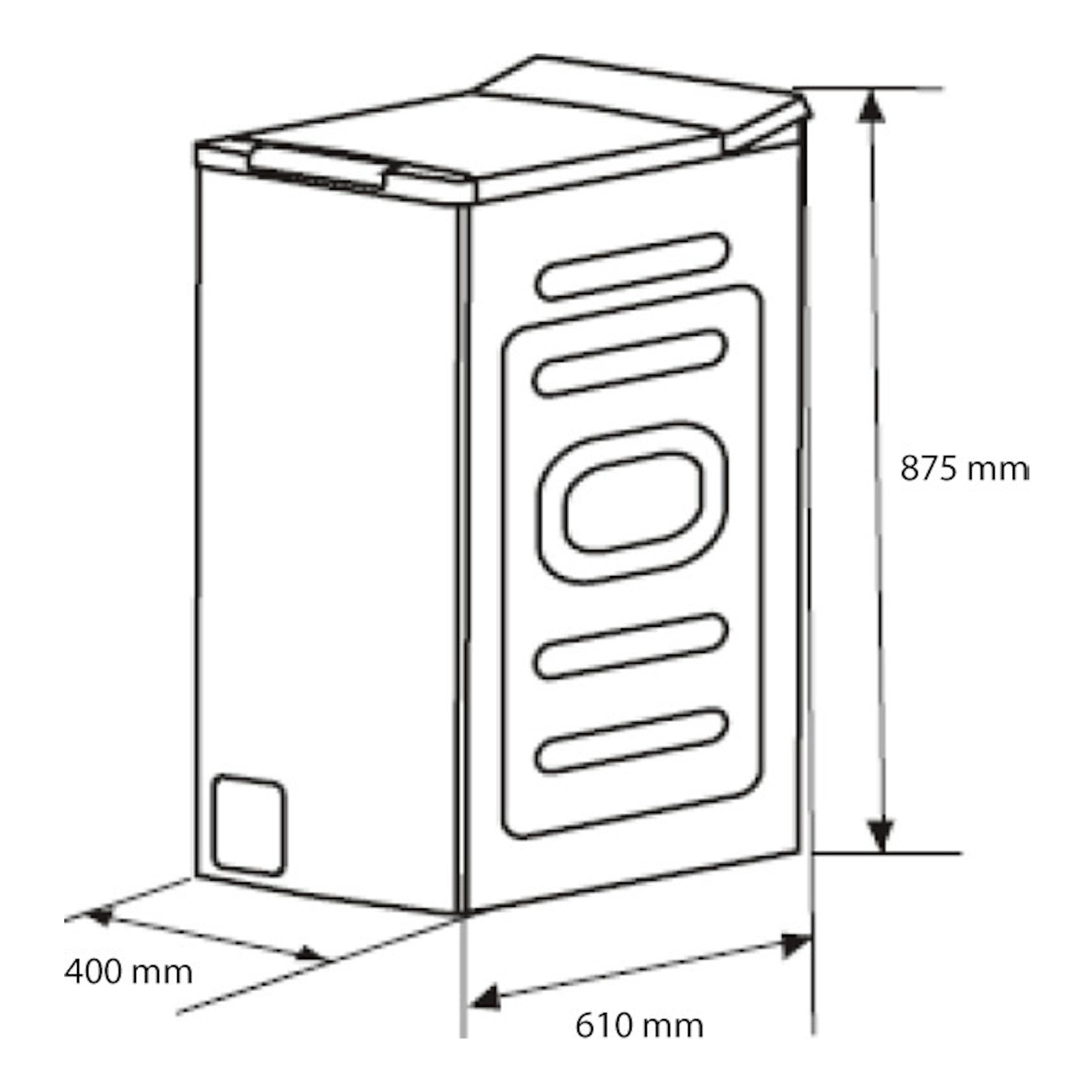 Lavadora Midea MF100T80B/W-ES de carga superior, dibujo técnico en perspectiva con medidas 875 x 610 x 400 mm.