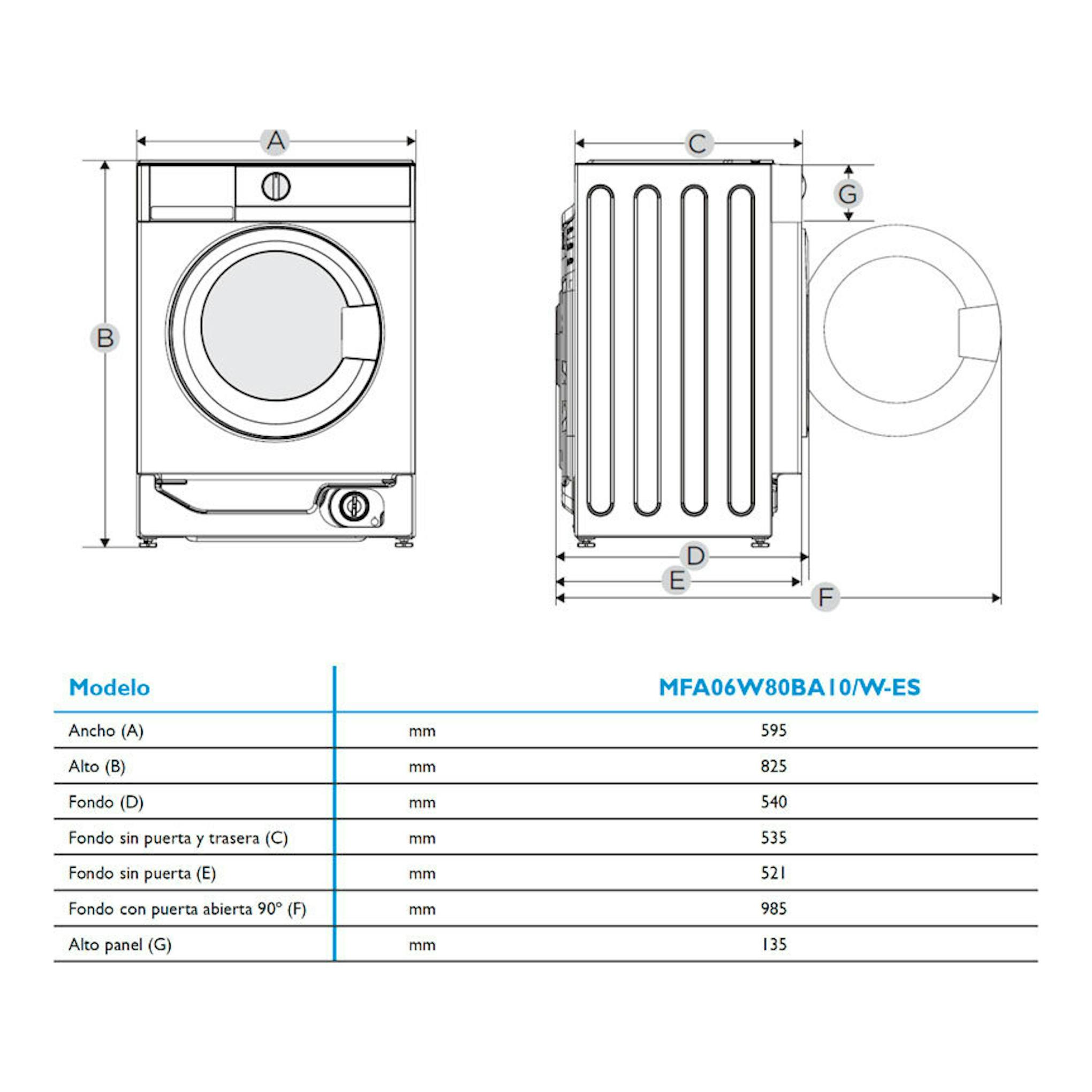 Lavasecadora integrable Midea MFA06W80BA10/W-ES, vista frontal y lateral con esquema de medidas.