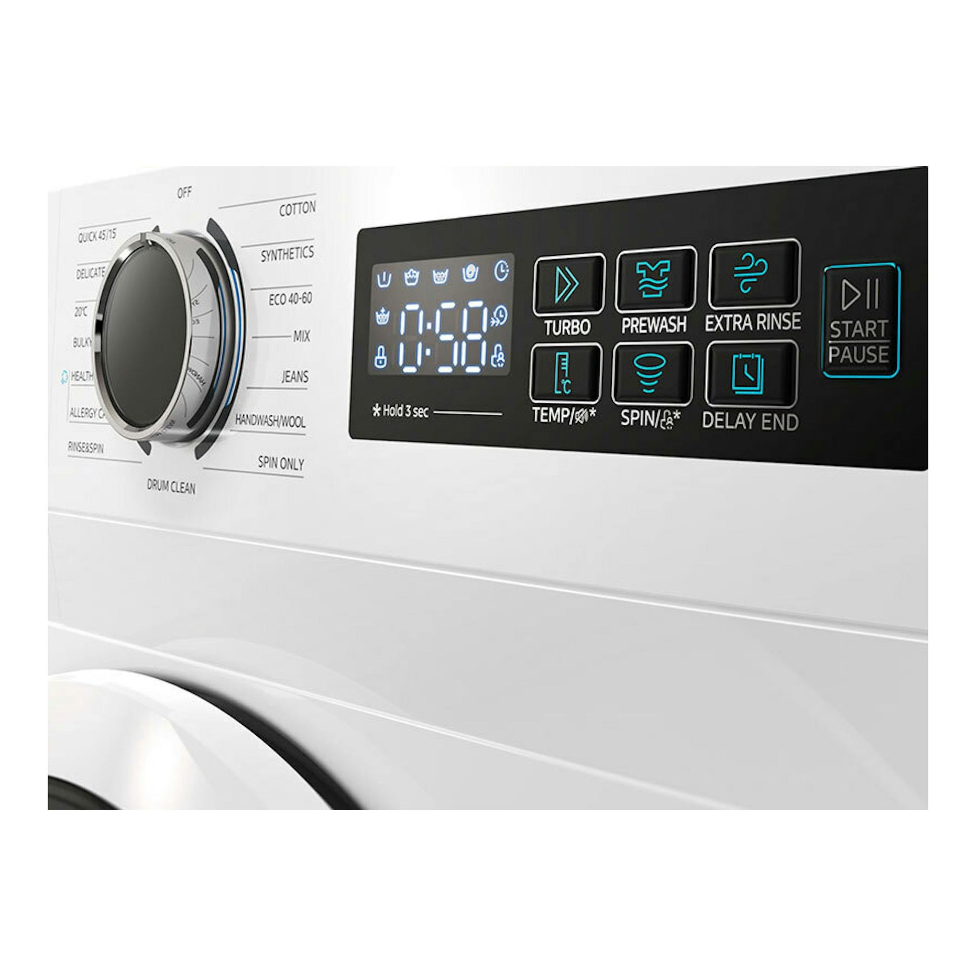 Lavadora Midea MF110W80BA10/W-ES blanca, vista frontal parcial del panel de control con perilla y pantalla digital.