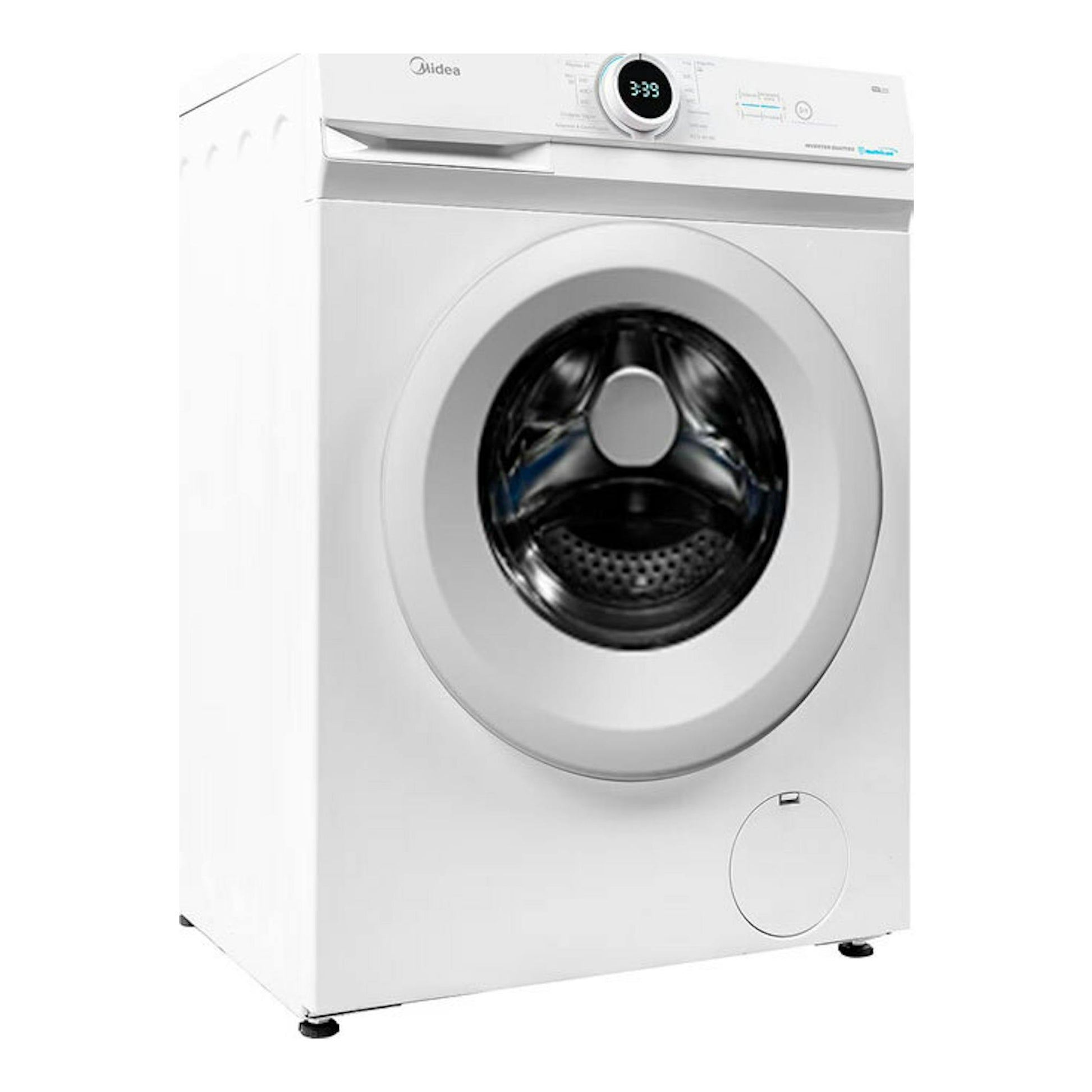 Lavadora frontal blanca Midea MF100W80B/1/W-ES, vista en 3/4 con puerta circular y panel digital.