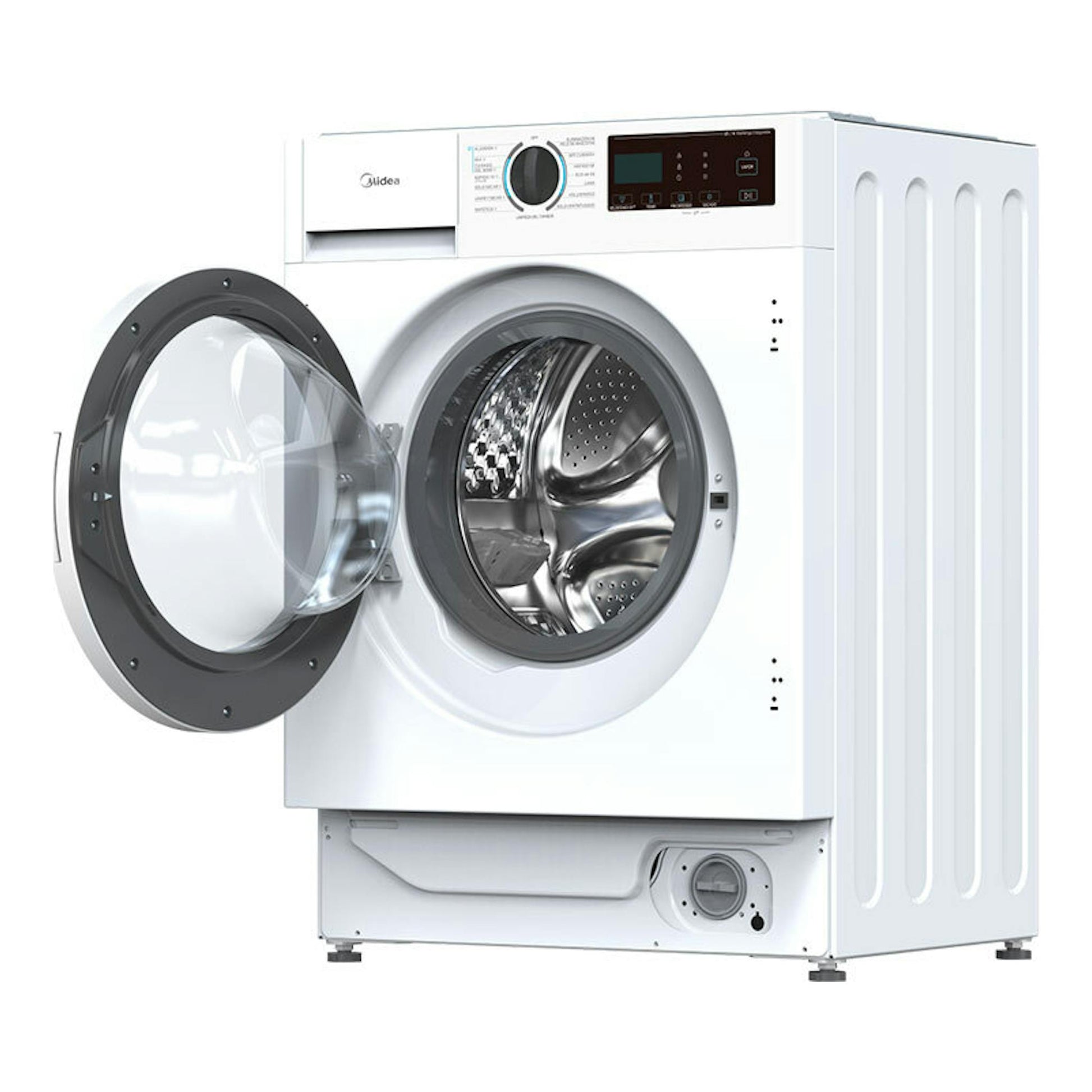 Lavasecadora integrable Midea MFA06D80BA10/W-ES blanca, vista frontal, con la puerta abierta.