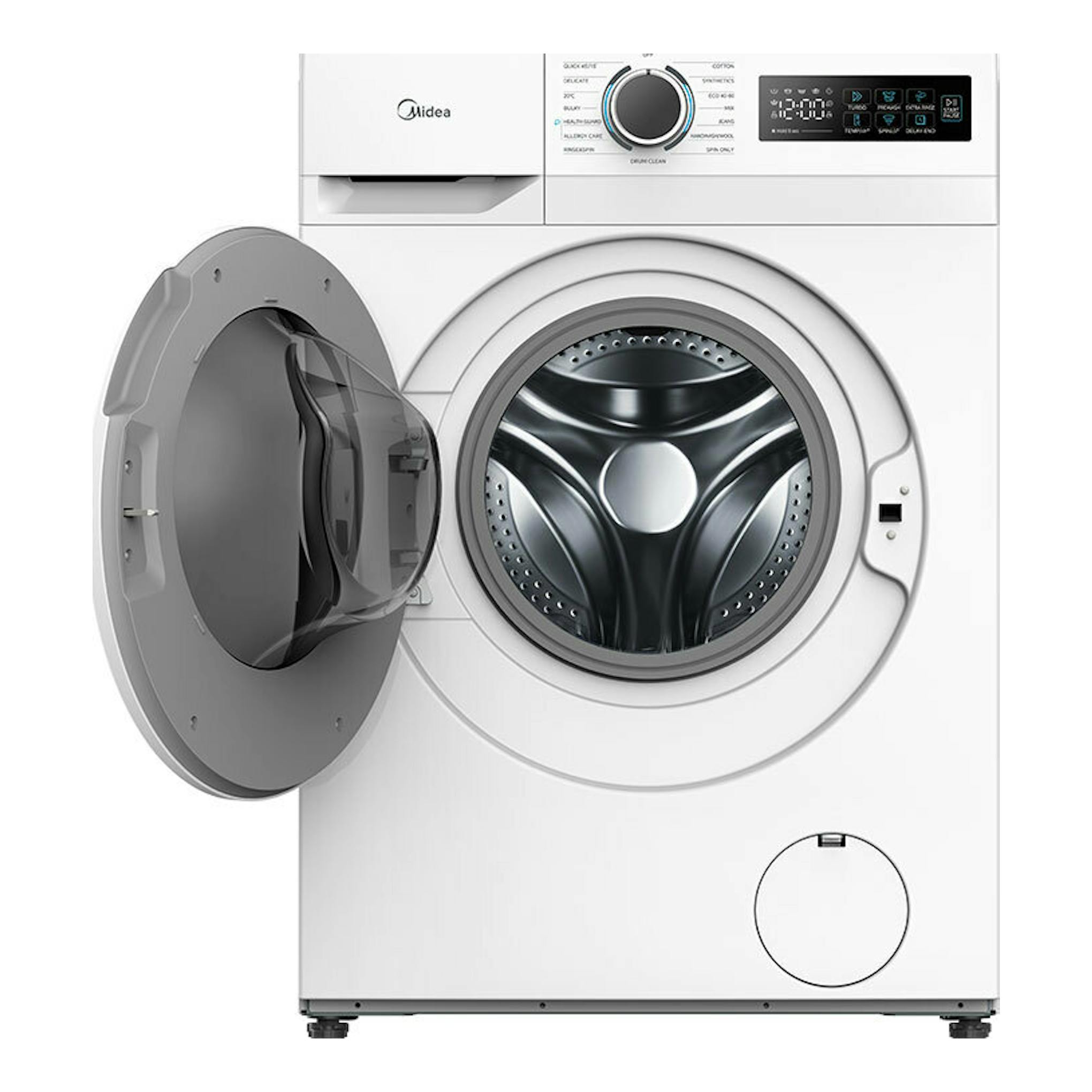 Lavadora frontal Midea MF110W80BA10/W-ES blanca, vista frontal, con puerta abierta y panel digital superior.