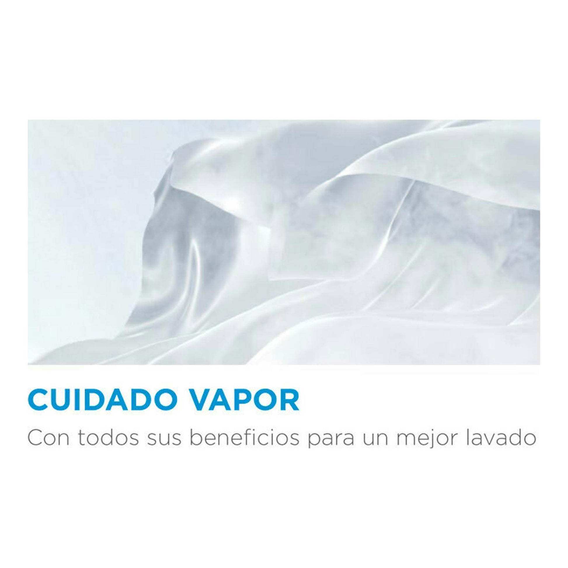 Gráfico de vapor sobre tela blanca con texto “CUIDADO VAPOR” en una imagen de Midea MF100W80B/1/W-ES.
