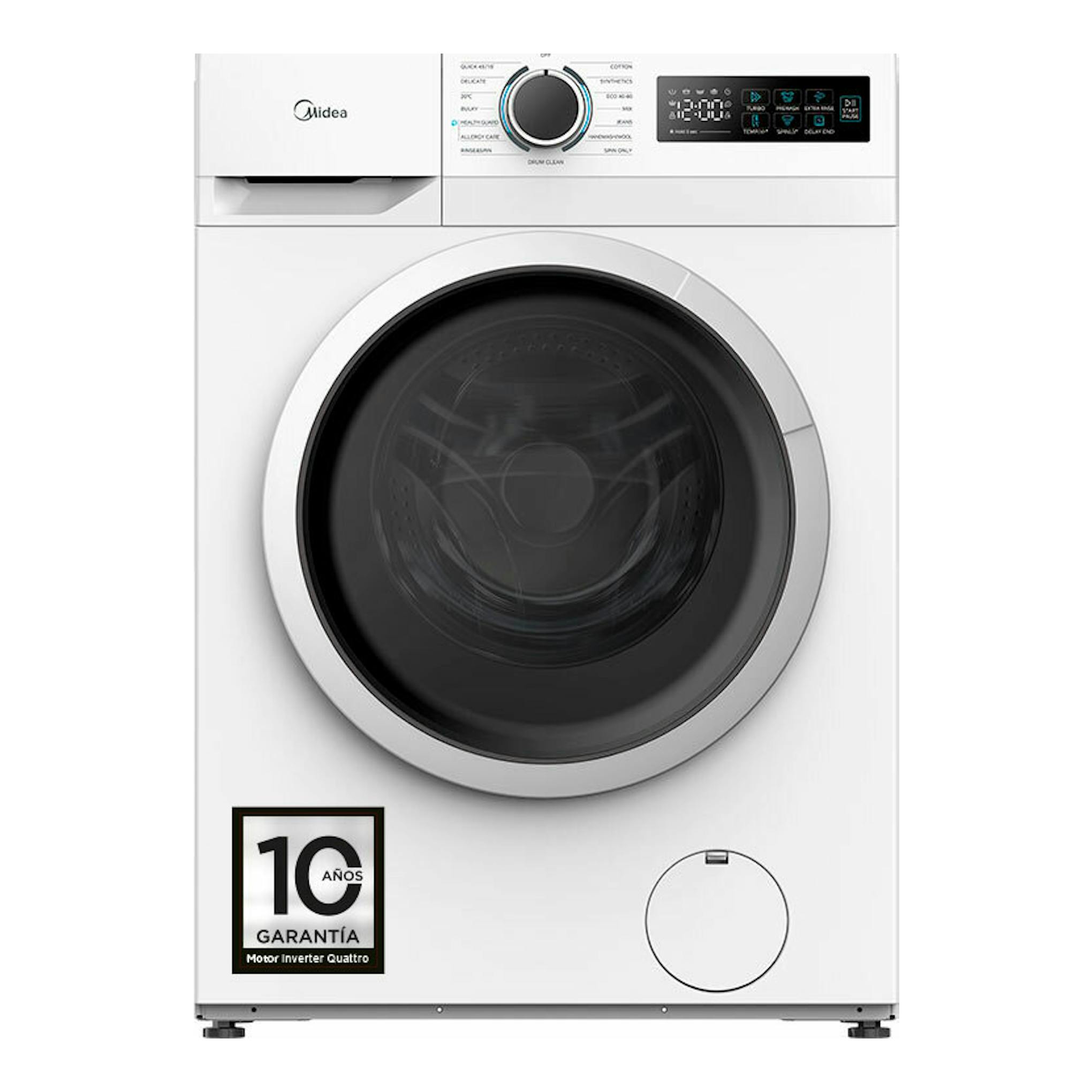 Lavadora frontal blanca Midea MF110W90BA10/W-ES, vista frontal, con puerta negra y panel digital.