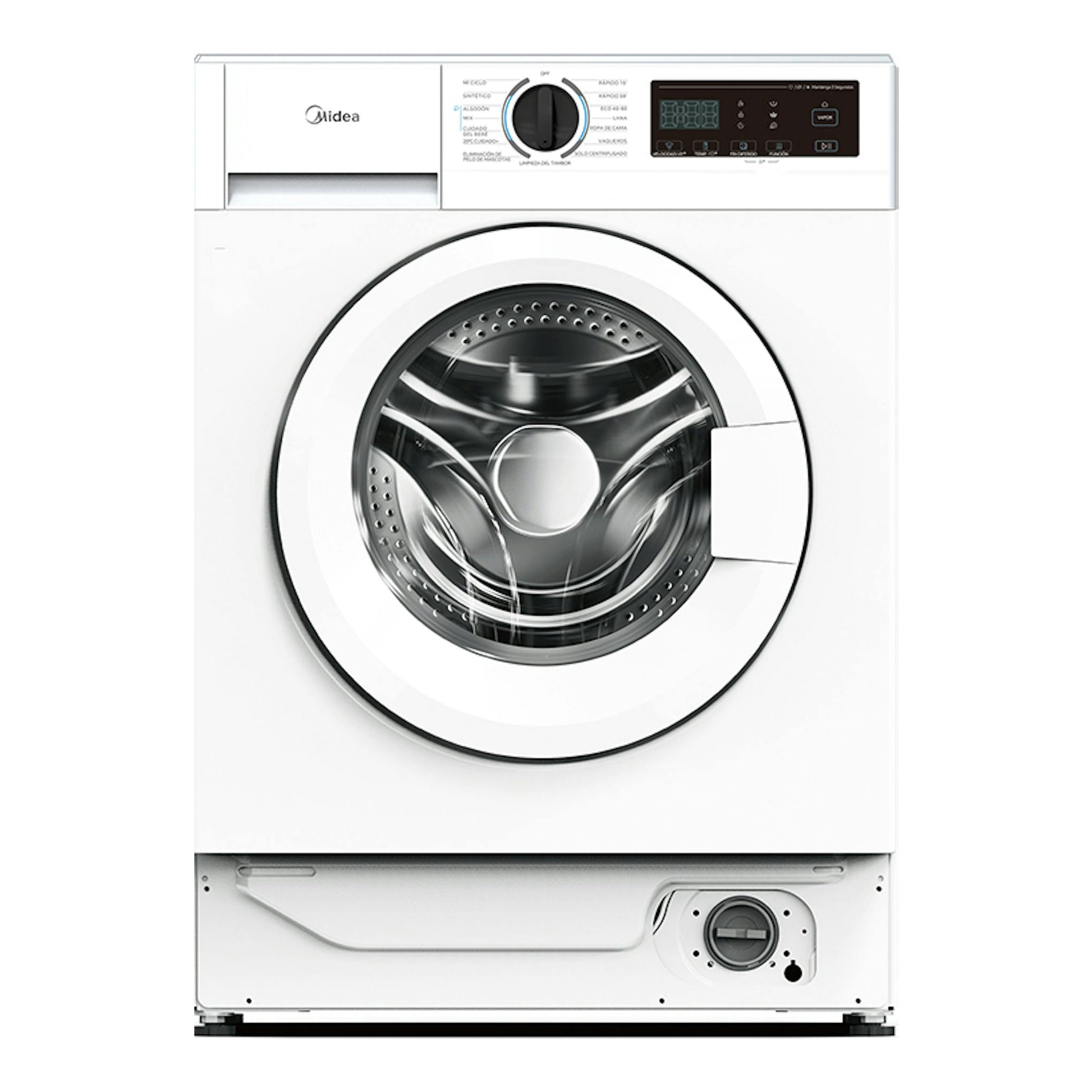 Lavadora Midea MFA06W90BA/W-ES blanca, vista frontal, con puerta circular y panel de control superior.