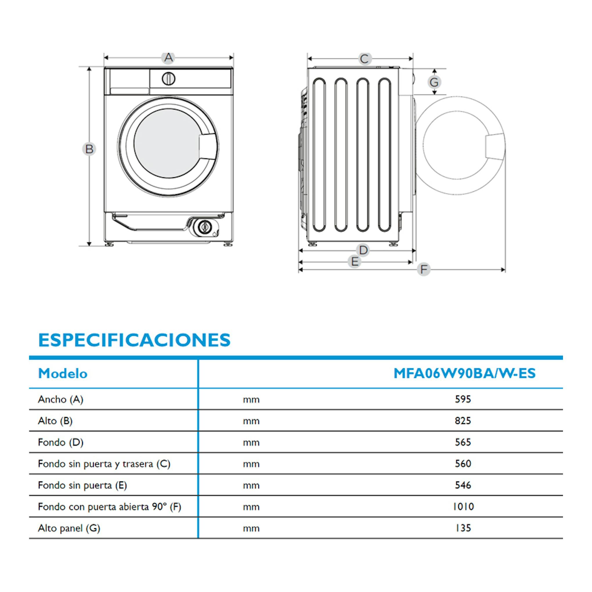 Lavadora Midea MFA06W90BA/W-ES: vistas frontal y lateral, con medidas y tabla de especificaciones.