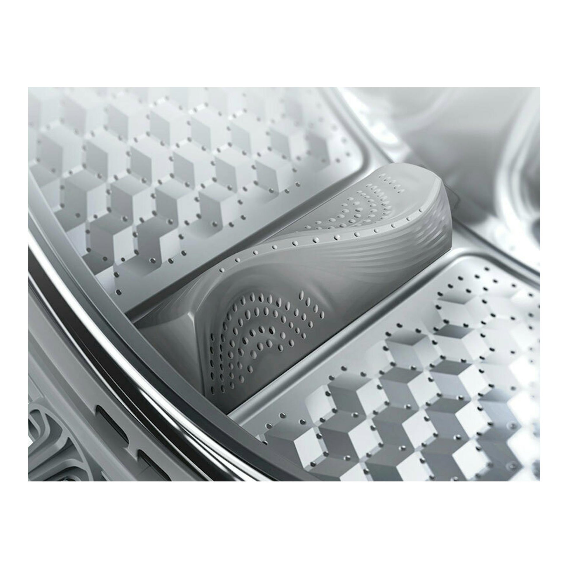 Lavadora Midea MF110W90BA10/W-ES, vista cenital del tambor gris metálico con perforaciones geométricas.