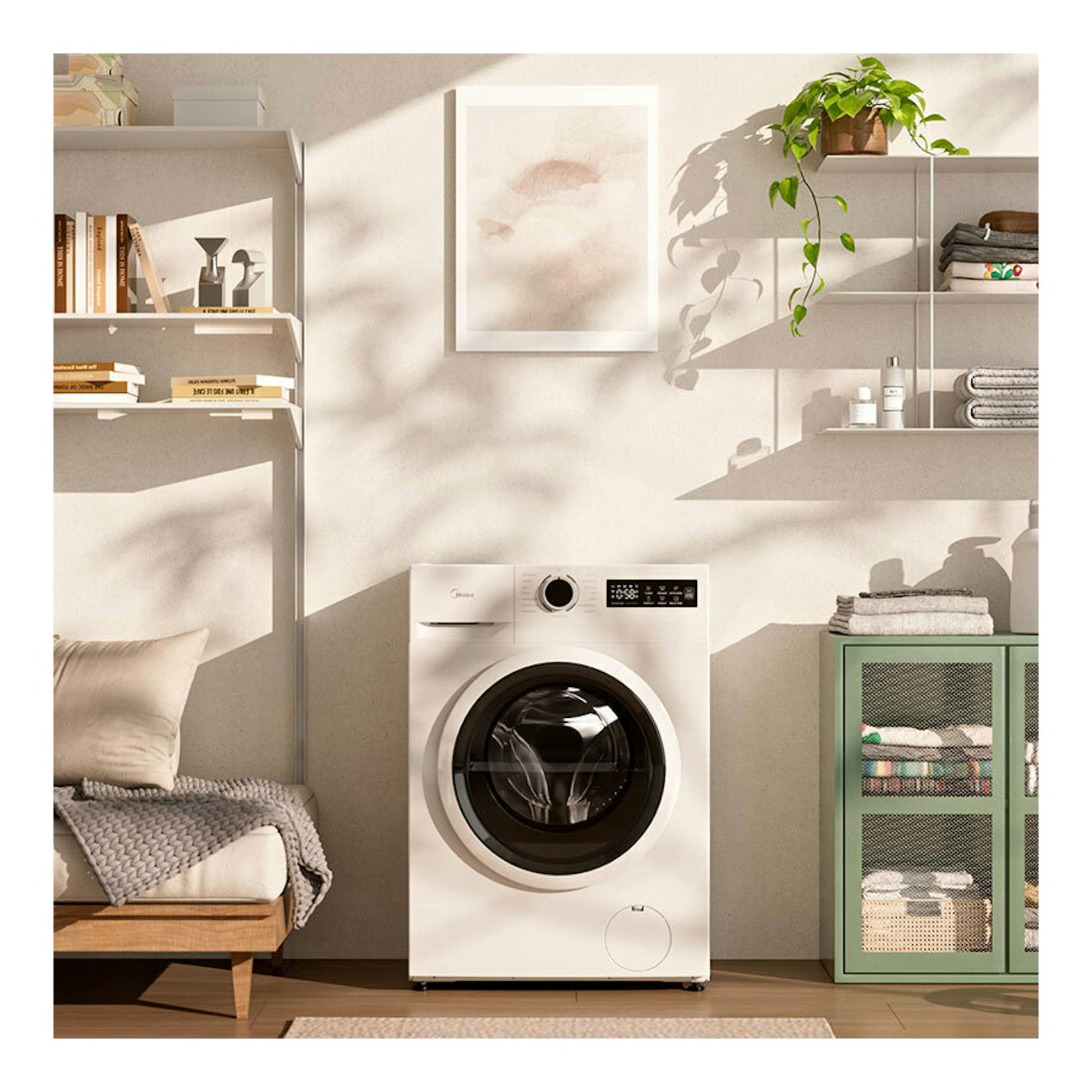 Lavadora Midea MF110W90BA10/W-ES blanca, vista frontal, con puerta circular negra y panel superior digital.