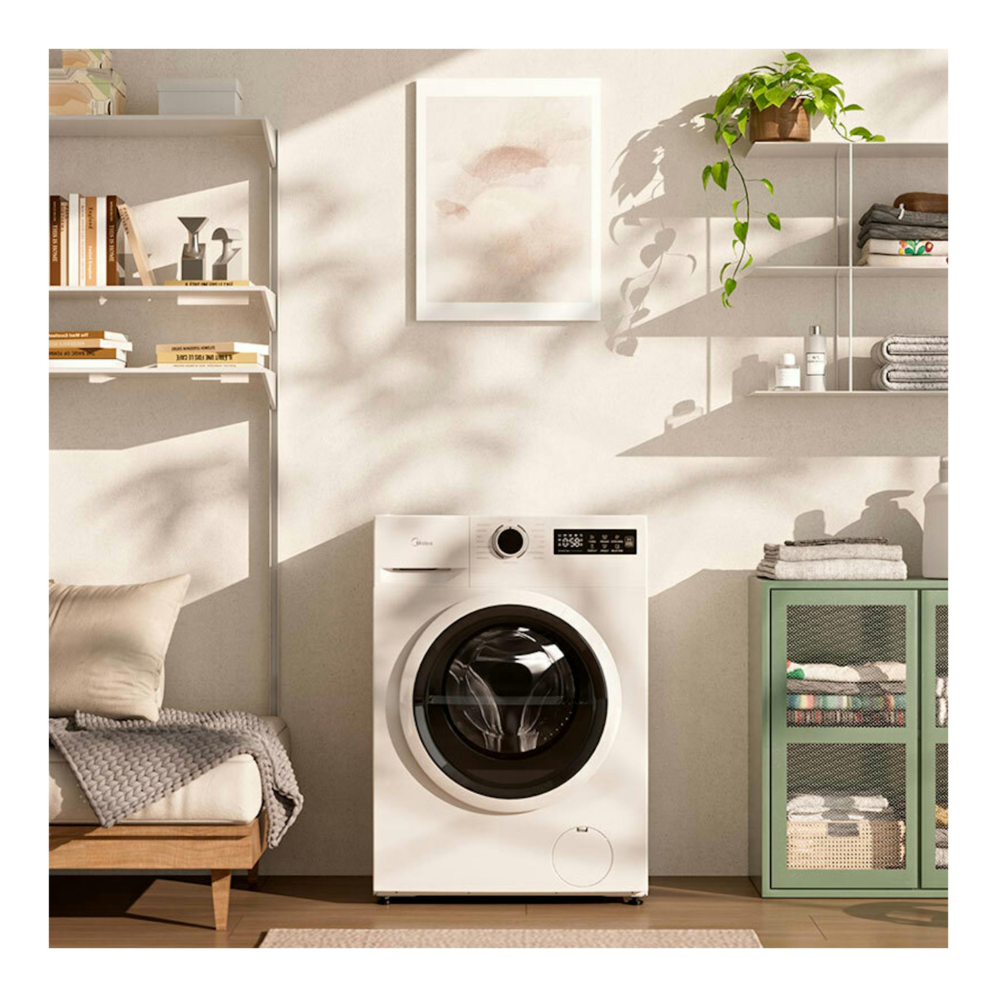 Lavadora Midea MF110W90BA10/W-ES blanca, vista frontal, con puerta circular negra y panel superior digital.
