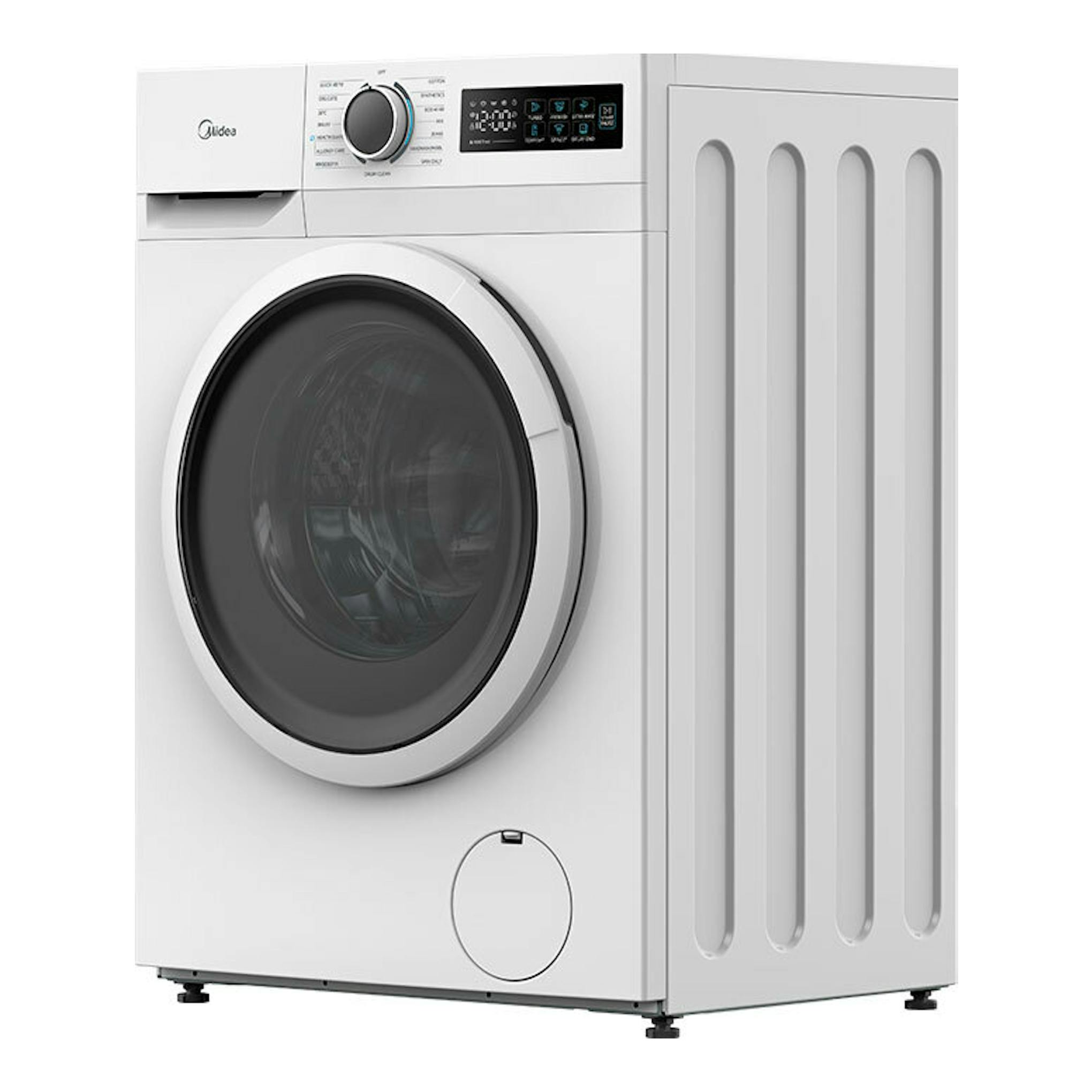 Lavadora Midea MF110W90BA10/W-ES blanca, vista frontal izquierda, con puerta de carga frontal y panel digital.