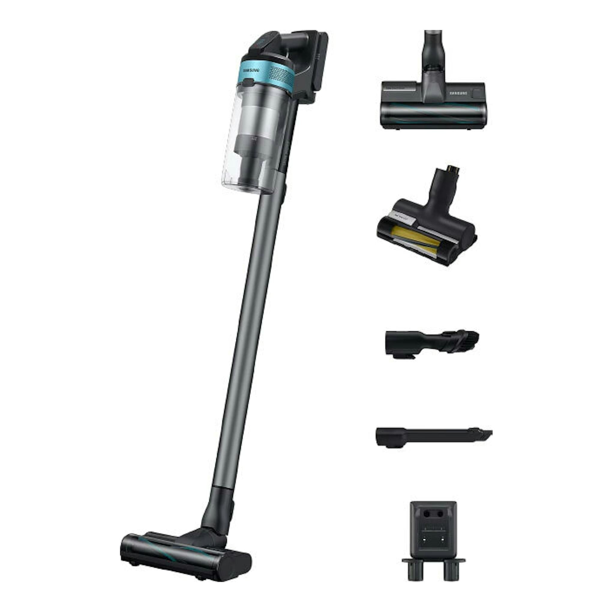 Aspirador escoba Samsung VS20B75AGR1/WA en vista frontal, gris y negro, con accesorios sobre fondo blanco.