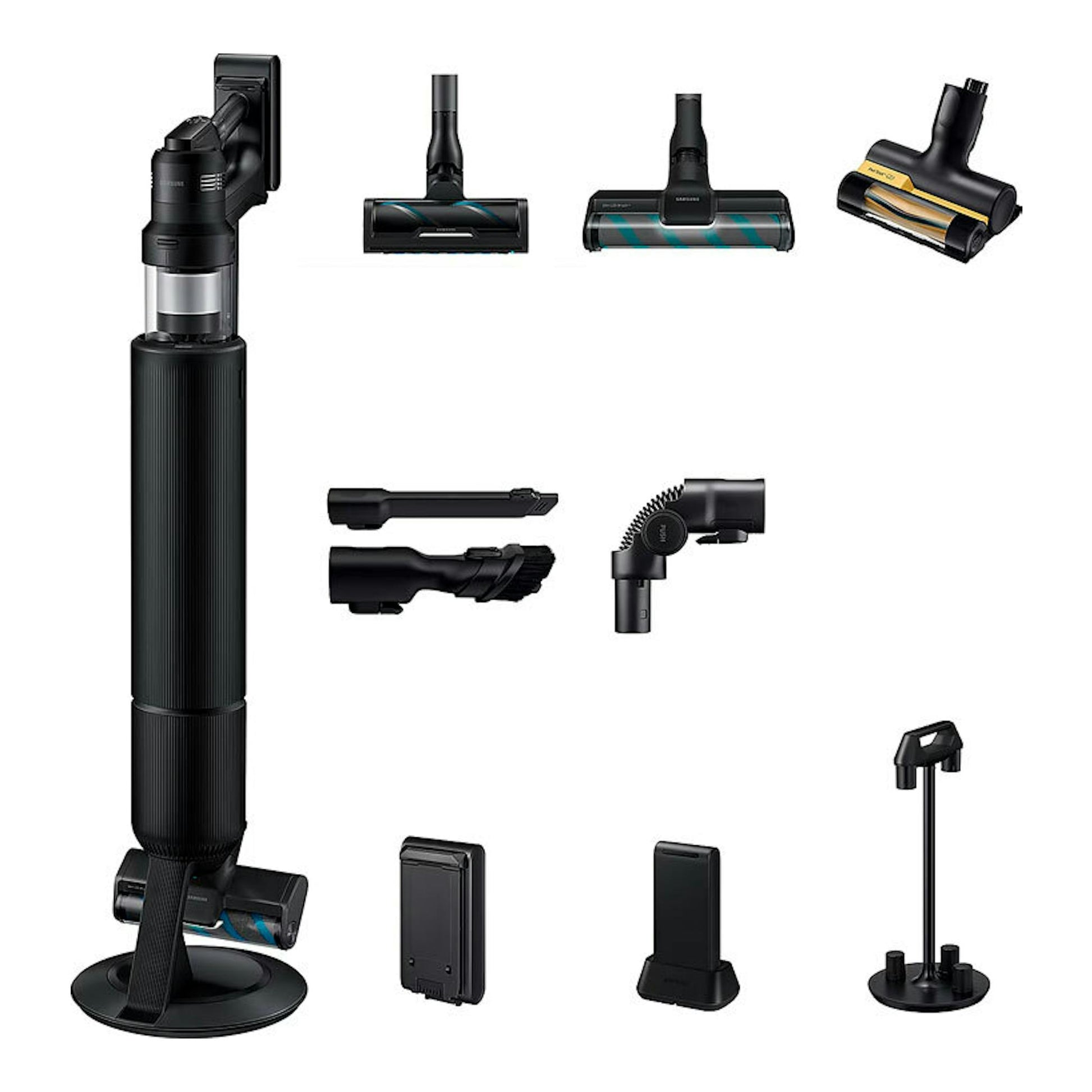 Aspiradora Samsung VS90F40DEK/WA negra, tipo escoba, con base de carga y varios accesorios sobre fondo blanco.