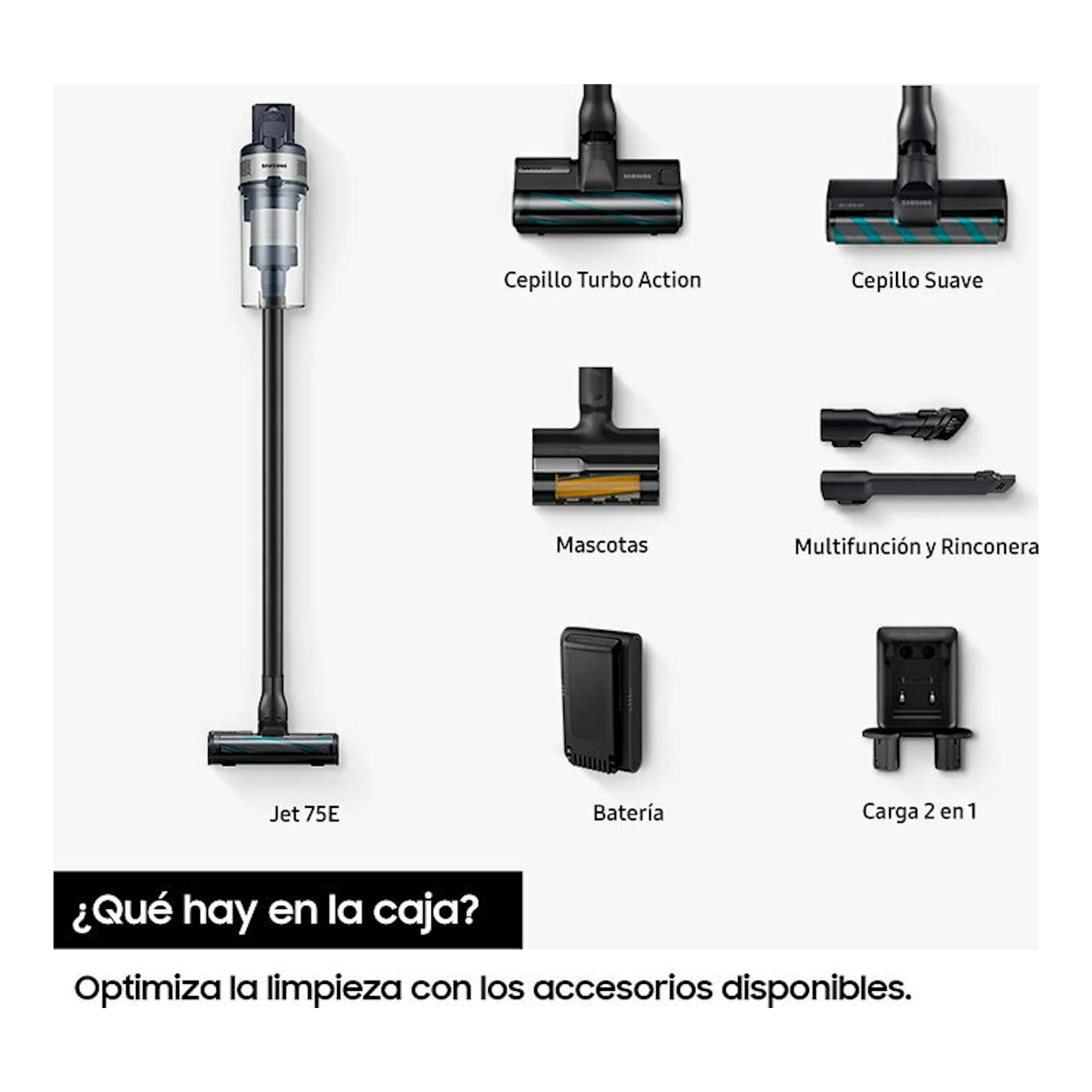 Aspiradora Samsung Jet 75E (VS20B75ACR5/WA), vista frontal, con accesorios y base de carga.