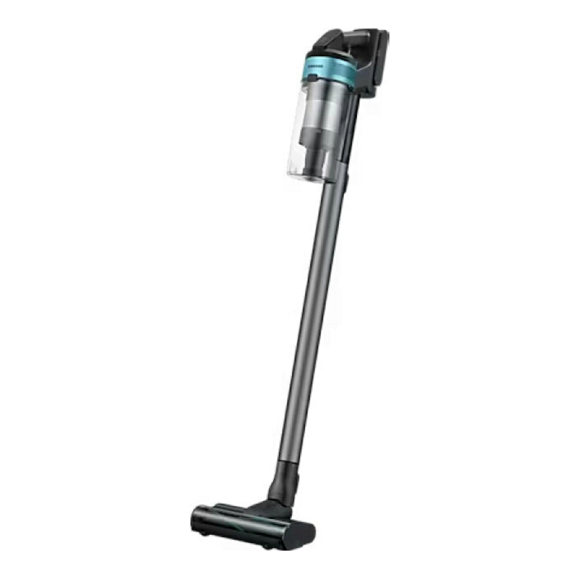 Aspirador escoba Samsung VS20B75AGR1/WA negro y turquesa, vista frontal en fondo blanco.