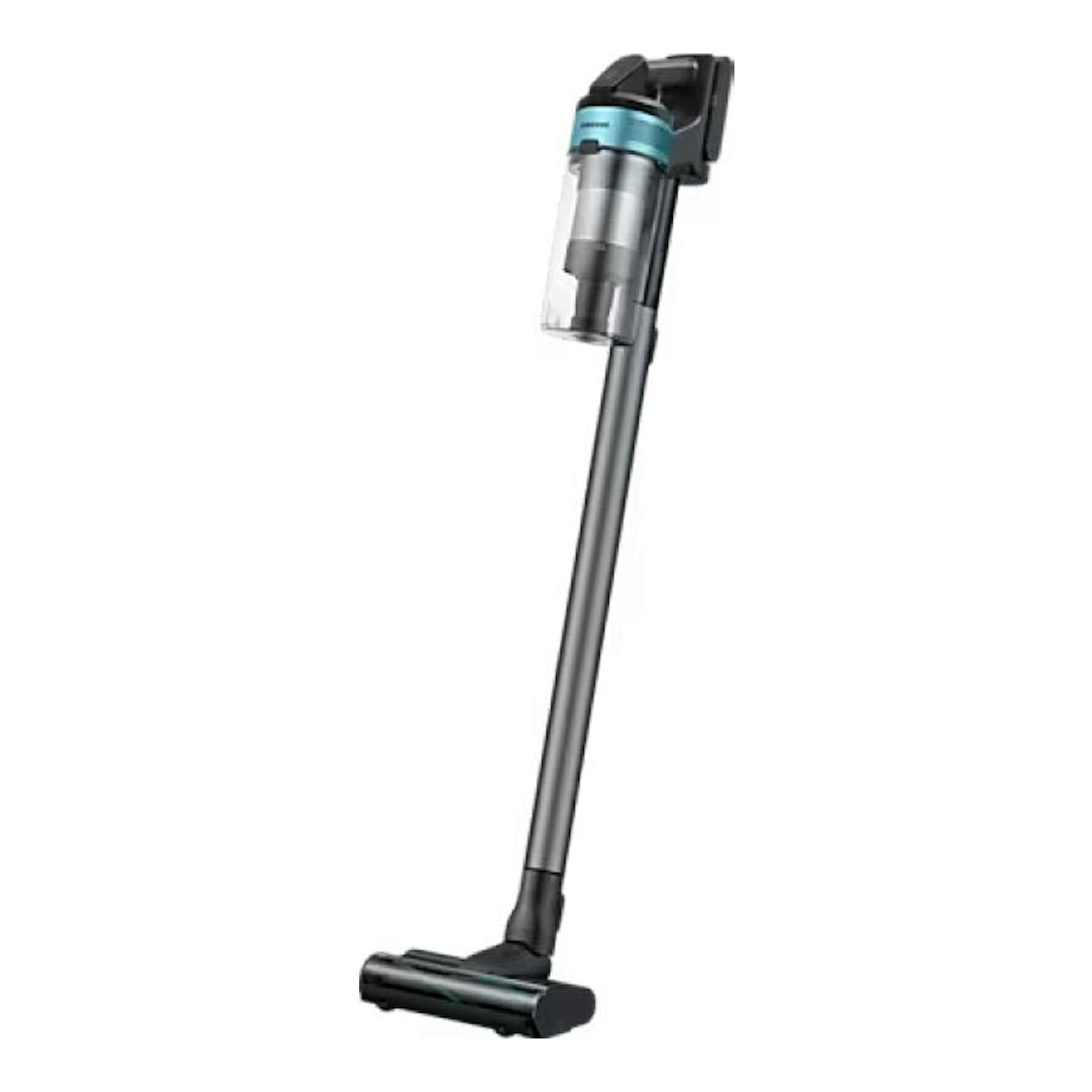 Aspirador escoba Samsung VS20B75AGR1/WA negro y turquesa, vista frontal en fondo blanco.