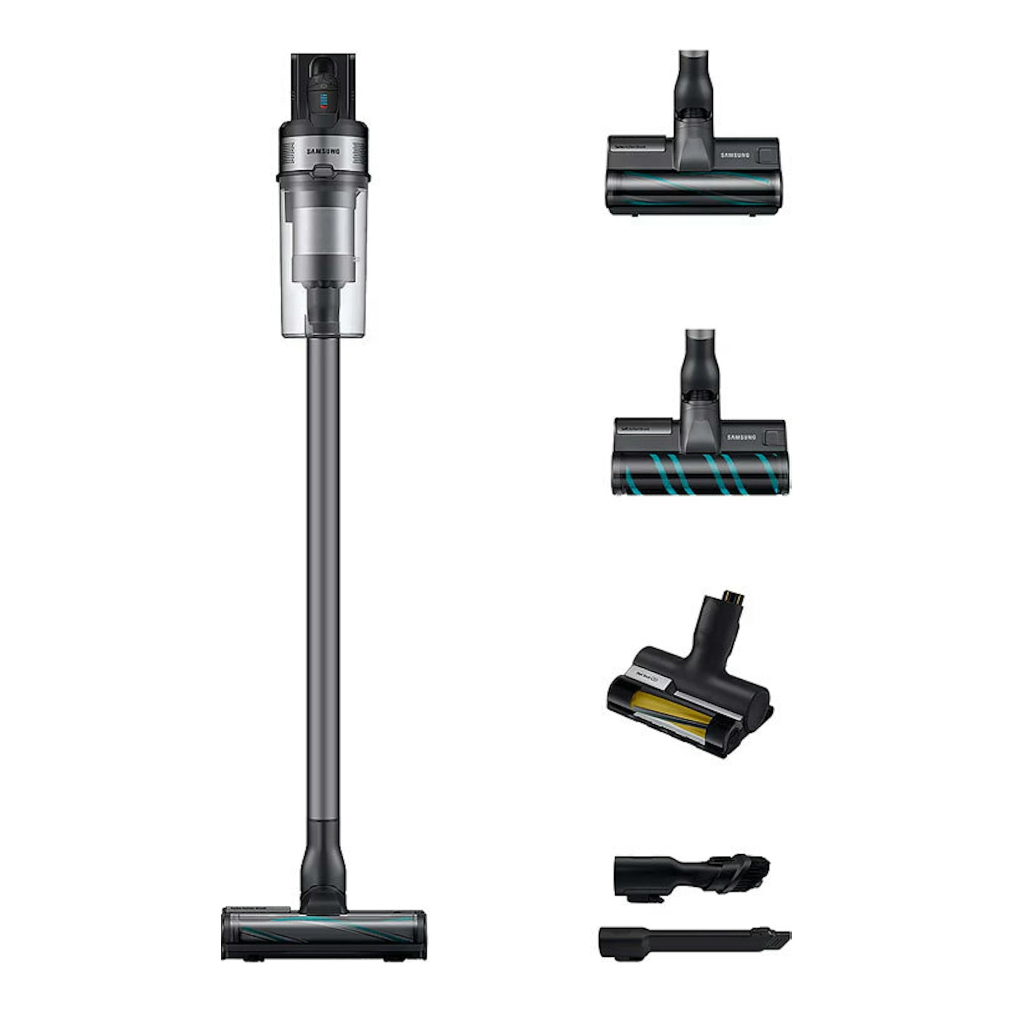 Aspiradora inalámbrica Samsung VS20B75ACR5/WA, vista frontal, negra y gris, con accesorios.