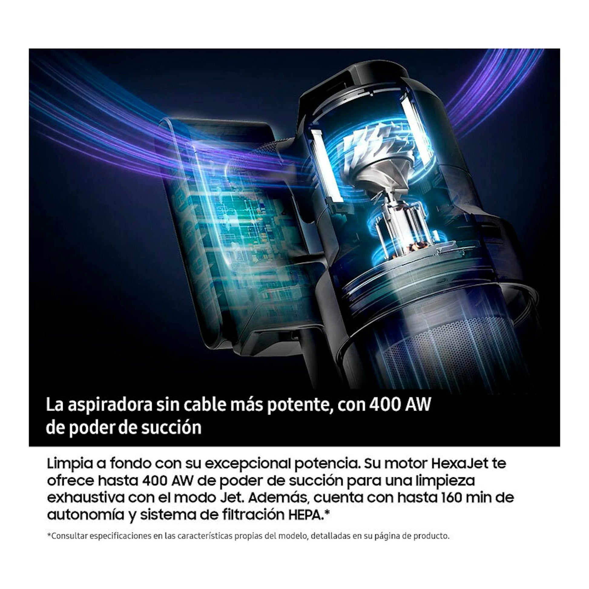 Samsung VS90F40DEK/WA, aspiradora sin cable negra en vista inclinada con corte interno y efectos azules.