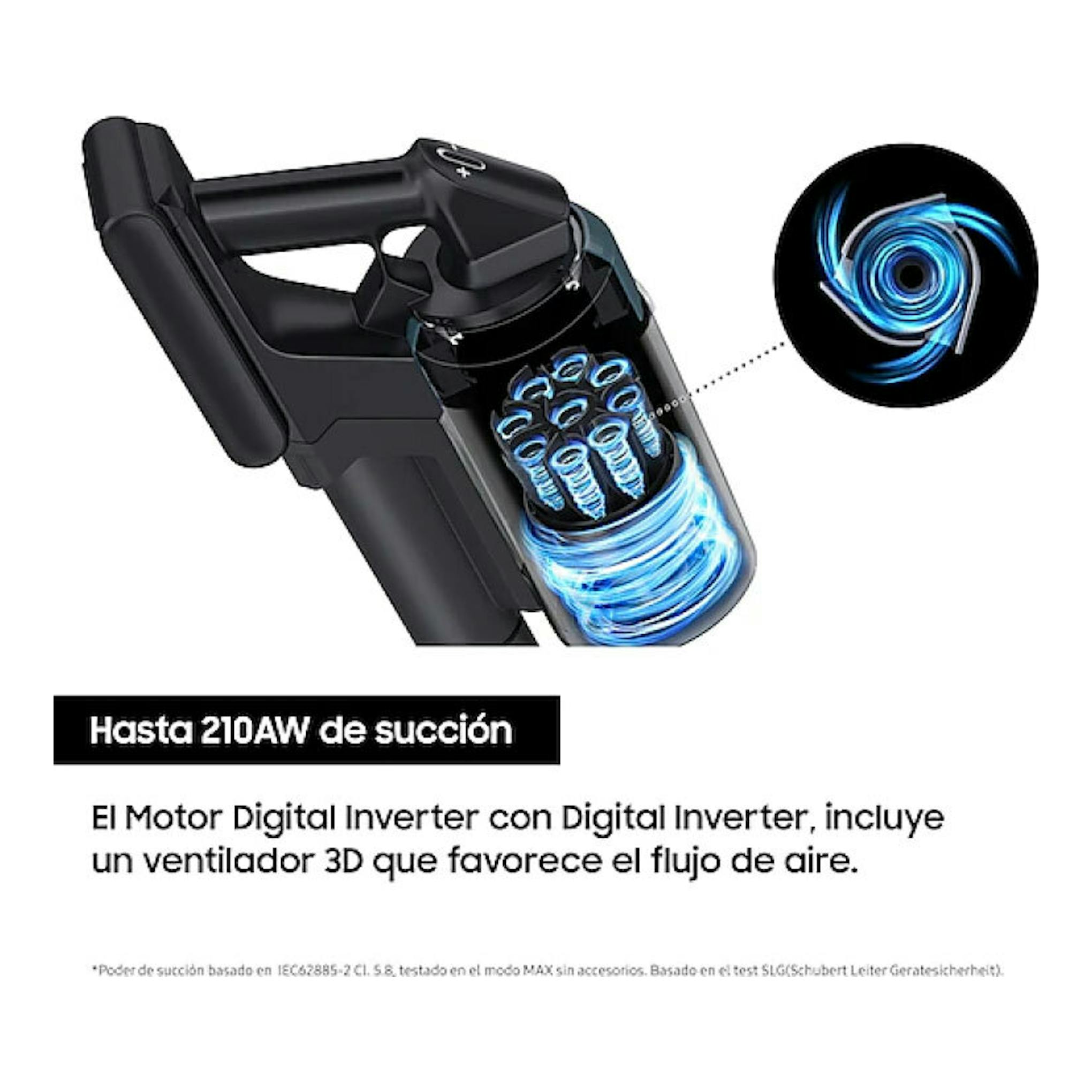 Samsung VS20C8524TB/WA, primer plano del asa y motor de aspiradora escoba negra con flujo de aire azul.