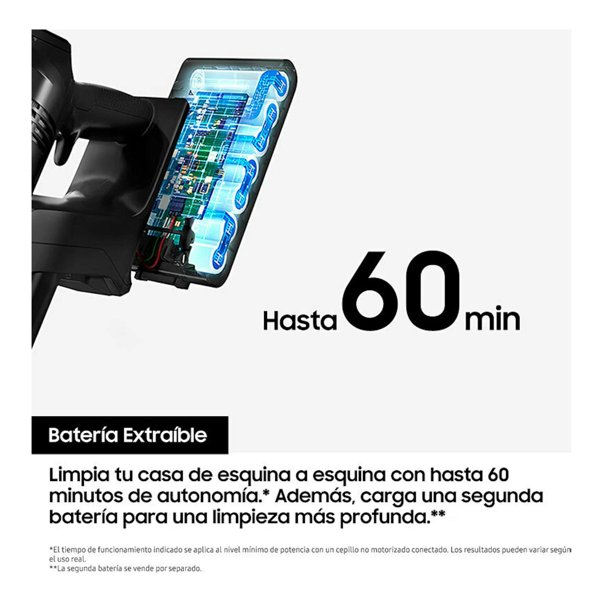 Samsung VS20B75ACR5/WA, aspiradora inalámbrica negra en vista parcial con batería extraíble y texto “Hasta 60 min”.