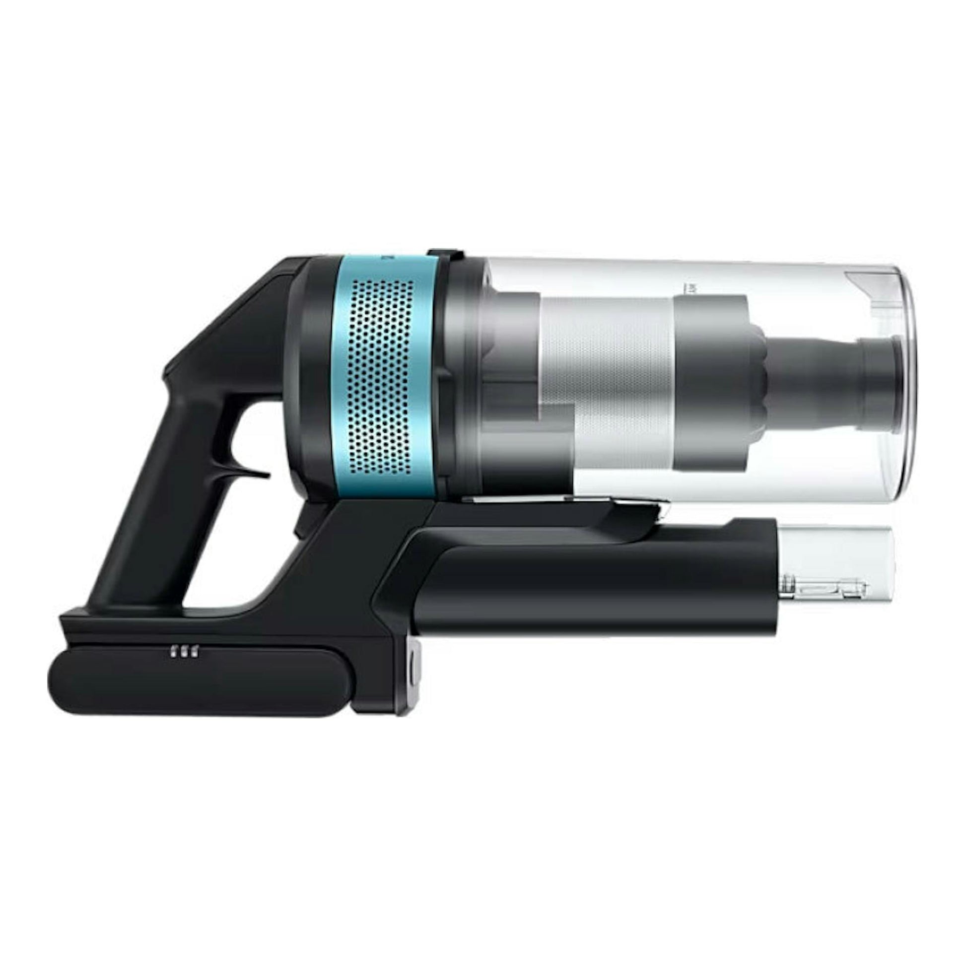 Aspirador escoba Samsung VS20B75AGR1/WA, vista lateral, negro con detalles azul turquesa y depósito transparente.