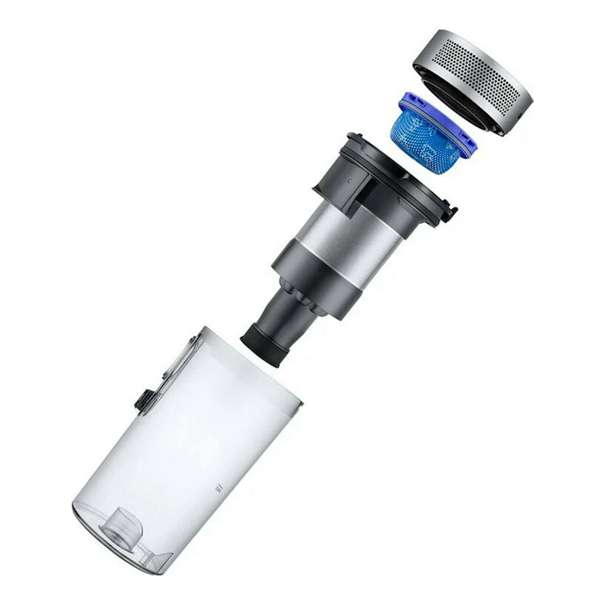 Samsung VS15A60AGR5/WA, vista explotada de aspirador inalámbrico gris y blanco con depósito y filtro azul.